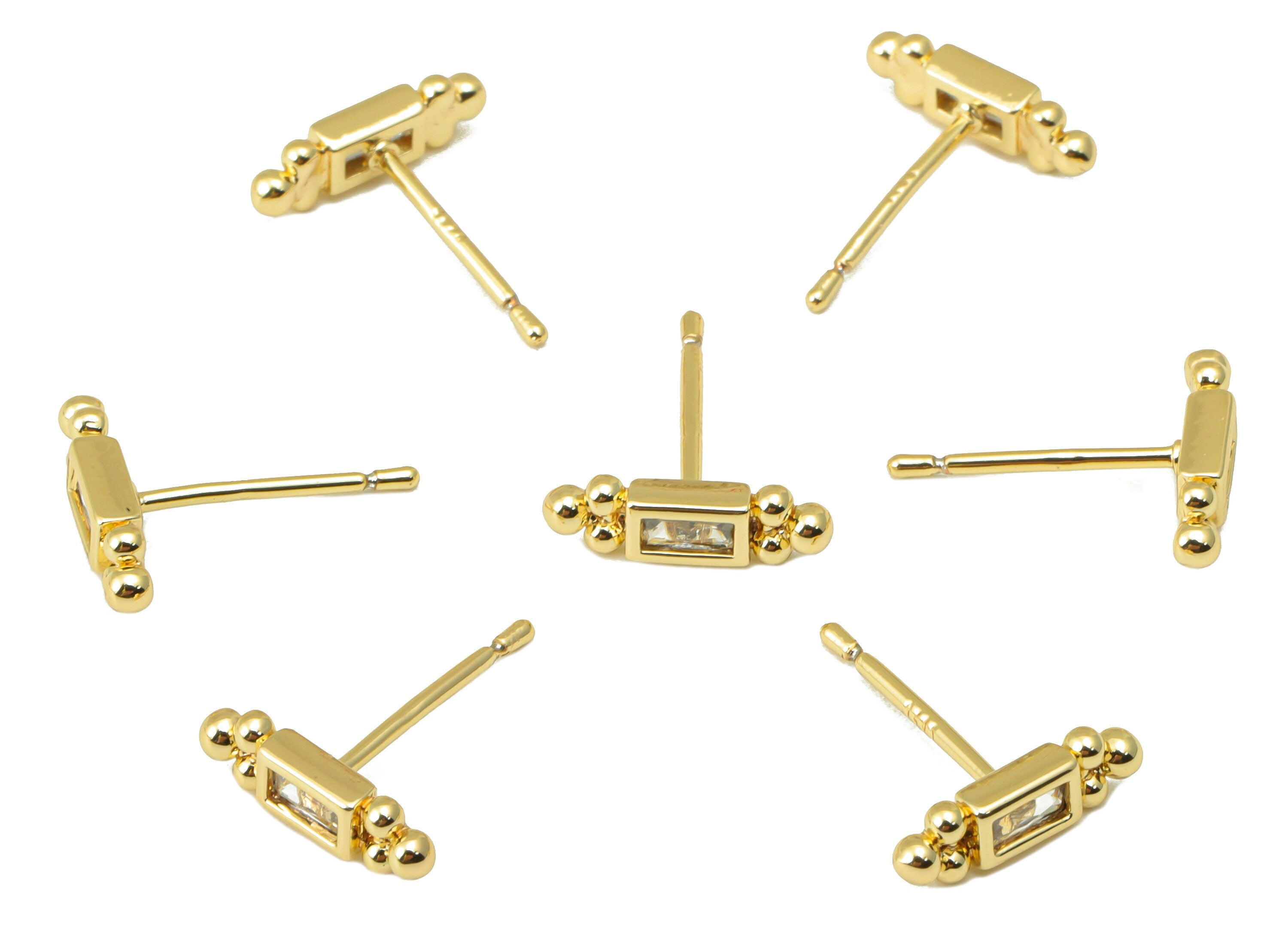 Brass Emerald Earring Stud - Brass Cubic Zirconia Tiny Earring Post -Mini Beads CZ Earring Post - 18k Real Gold plated - 12x4x1.99mm-RGP6589 - DOMEDBAZAAR