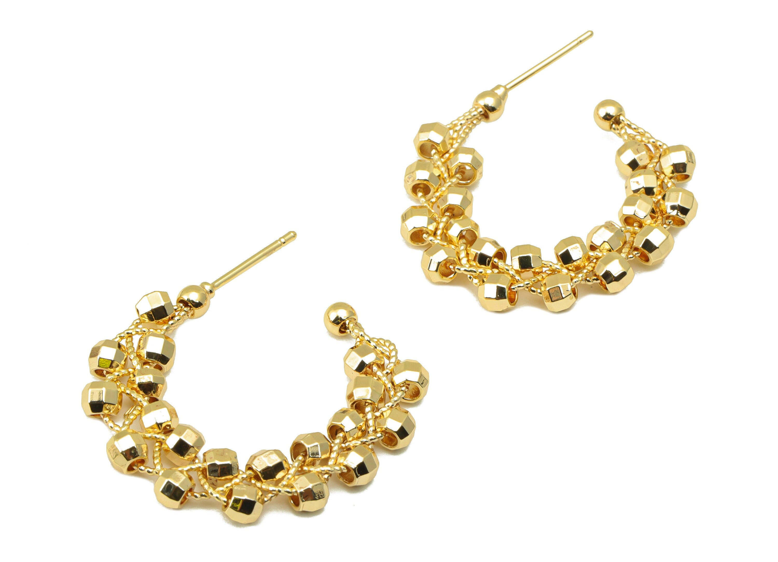 Brass Open Hoop Earring Stud - Beads Winding Chain Post - Beaded Hoop Earring - 18K Real Gold Plated - 26.28x27.86x3.37mm-RGP6521 - DOMEDBAZAAR