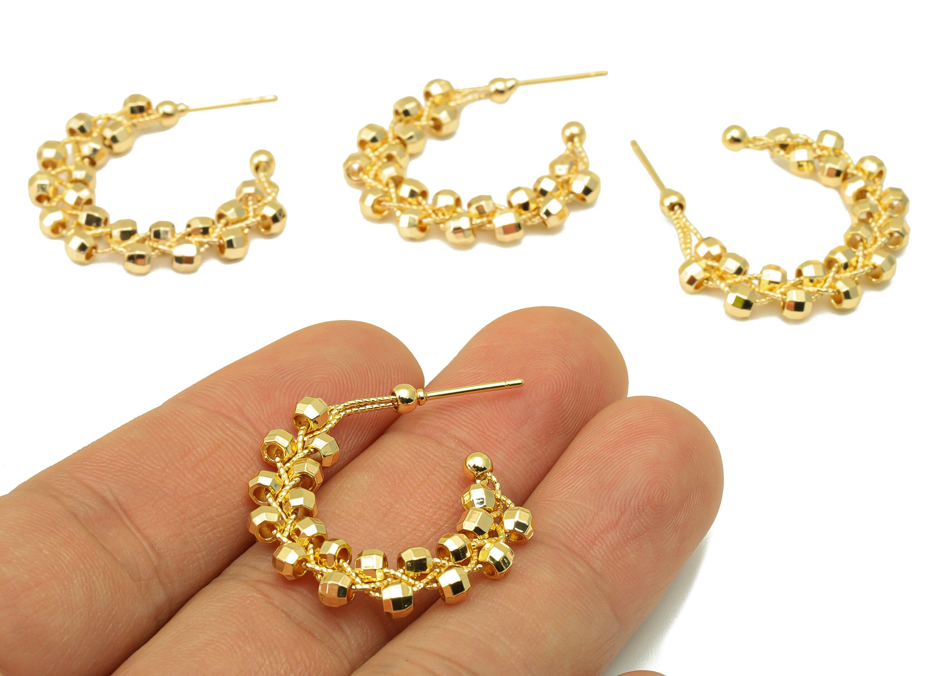 Brass Open Hoop Earring Stud - Beads Winding Chain Post - Beaded Hoop Earring - 18K Real Gold Plated - 26.28x27.86x3.37mm-RGP6521 - DOMEDBAZAAR
