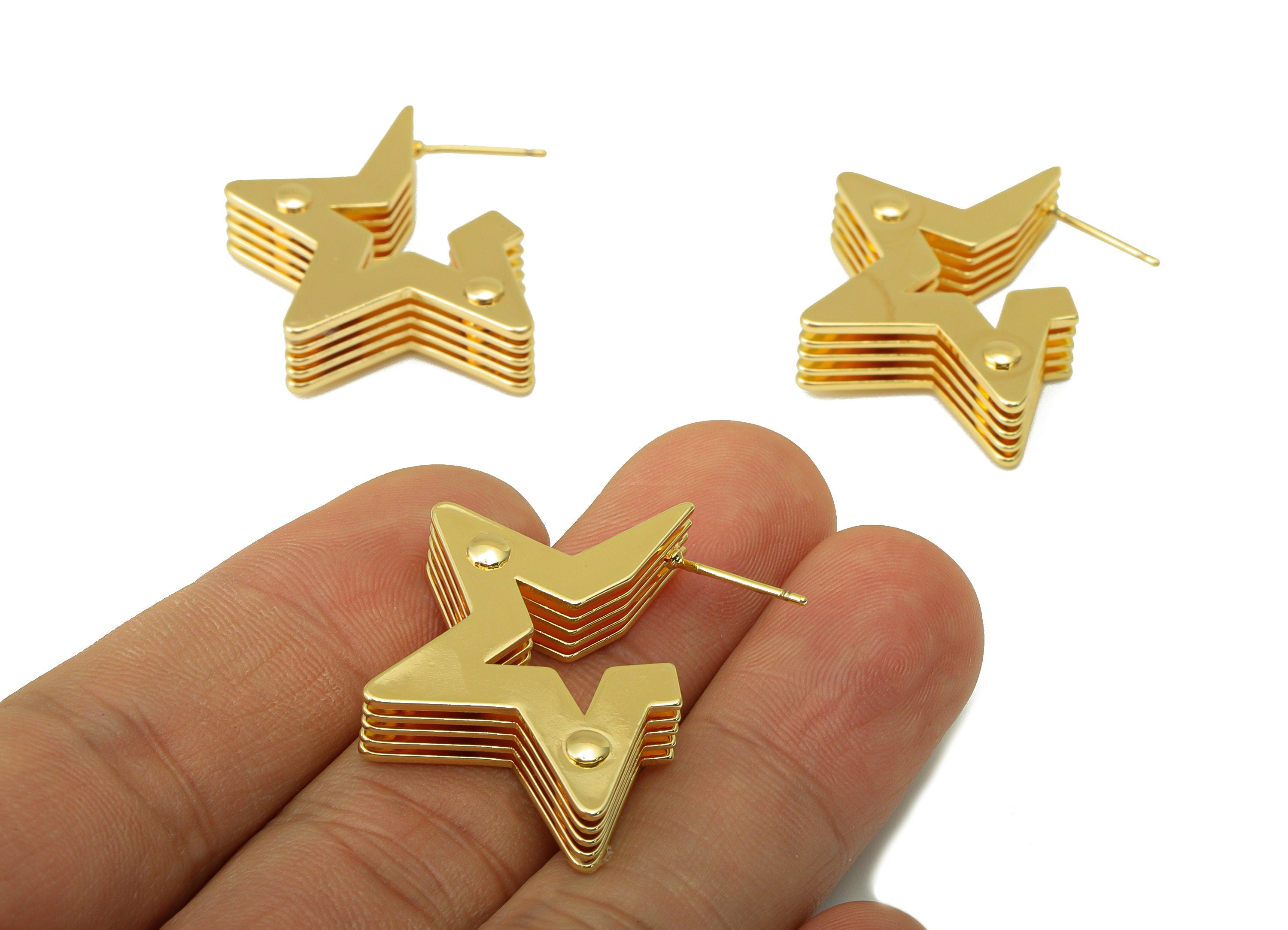 Brass 5 Layers Stars Stud Earring - Brass Star Earring Post - Brass Stack Star Earring Post - 18K Real Gold Plated -30x22.17x6.61mm- RGP6251 - DOMEDBAZAAR