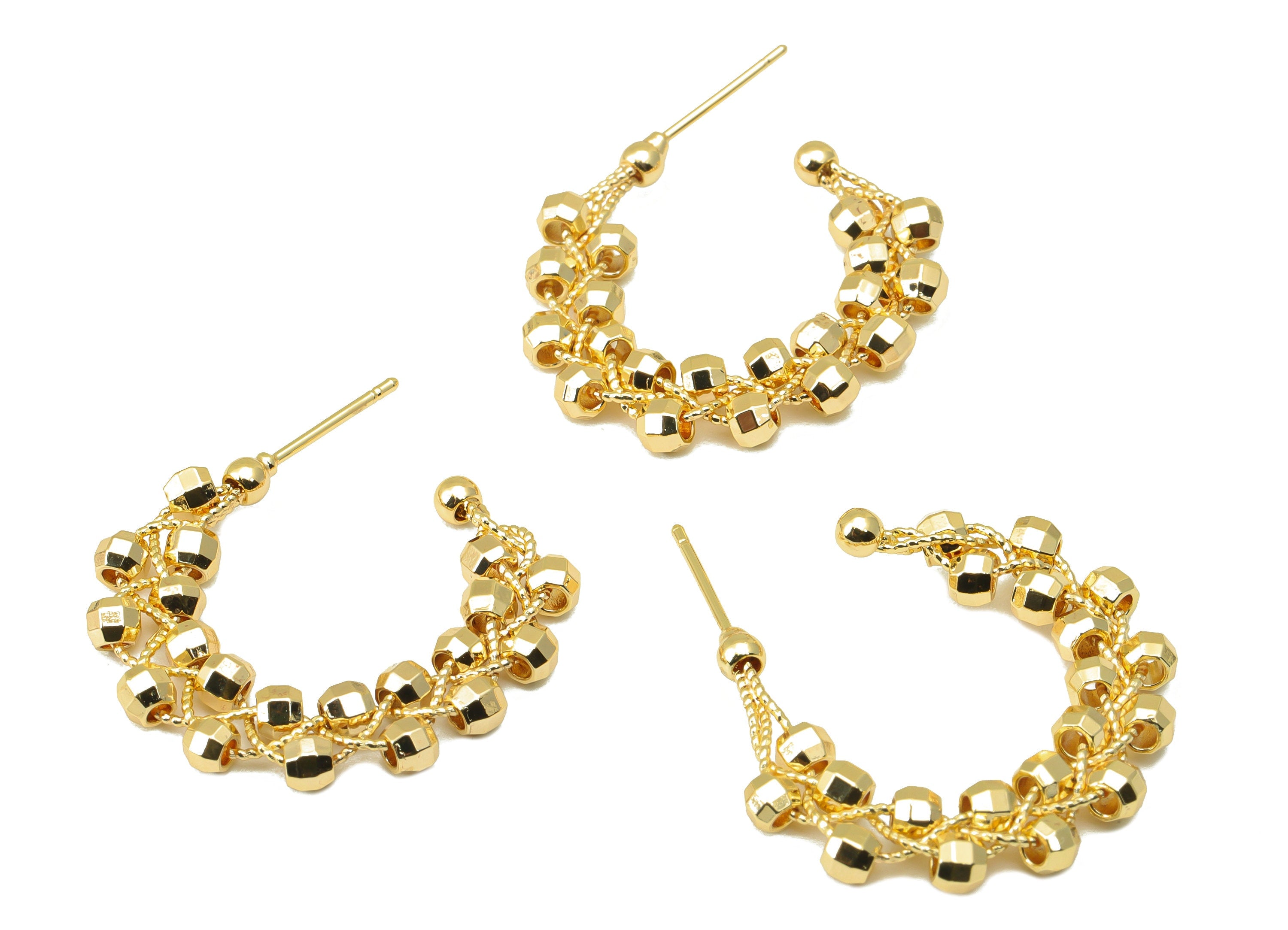 Brass Open Hoop Earring Stud - Beads Winding Chain Post - Beaded Hoop Earring - 18K Real Gold Plated - 26.28x27.86x3.37mm-RGP6521 - DOMEDBAZAAR