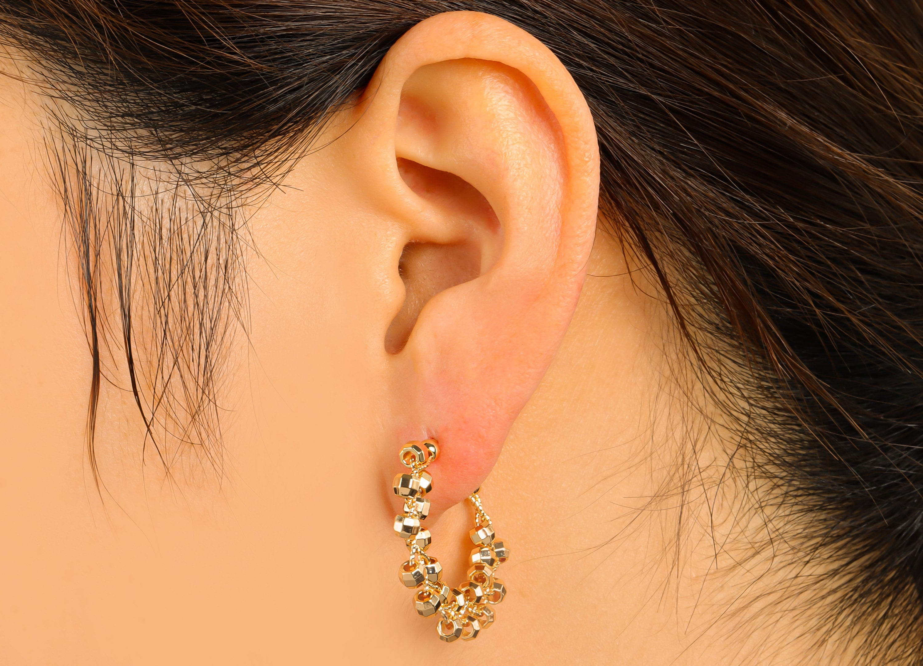 Brass Open Hoop Earring Stud - Beads Winding Chain Post - Beaded Hoop Earring - 18K Real Gold Plated - 26.28x27.86x3.37mm-RGP6521 - DOMEDBAZAAR
