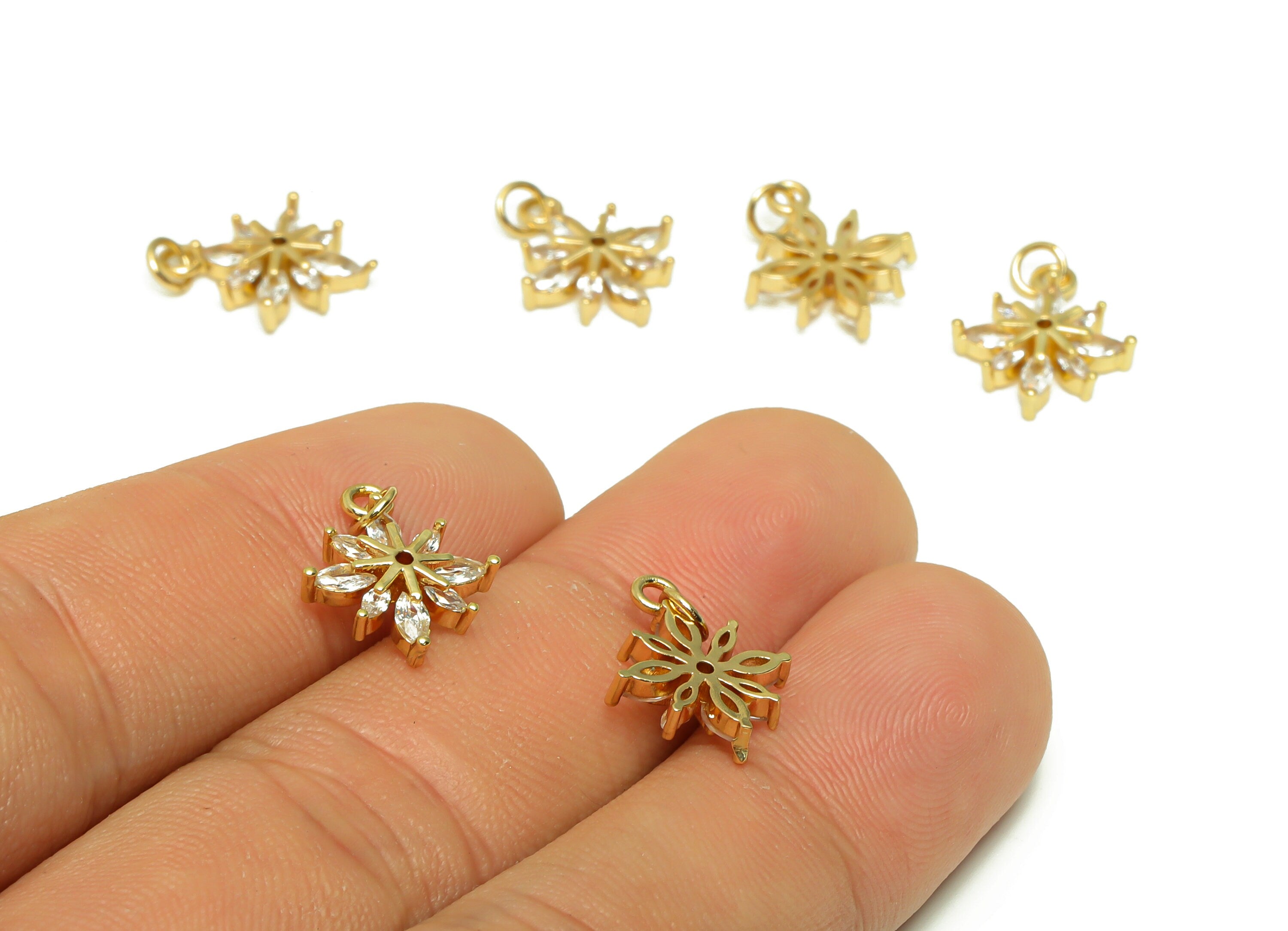 Brass Flower Earring Charm- Brass Marquise CZ Pendant - Cubic Zirconia Botanical Earring Charm - 18K Real Gold Plated - 15x12x3mm - RGP6731 - DOMEDBAZAAR