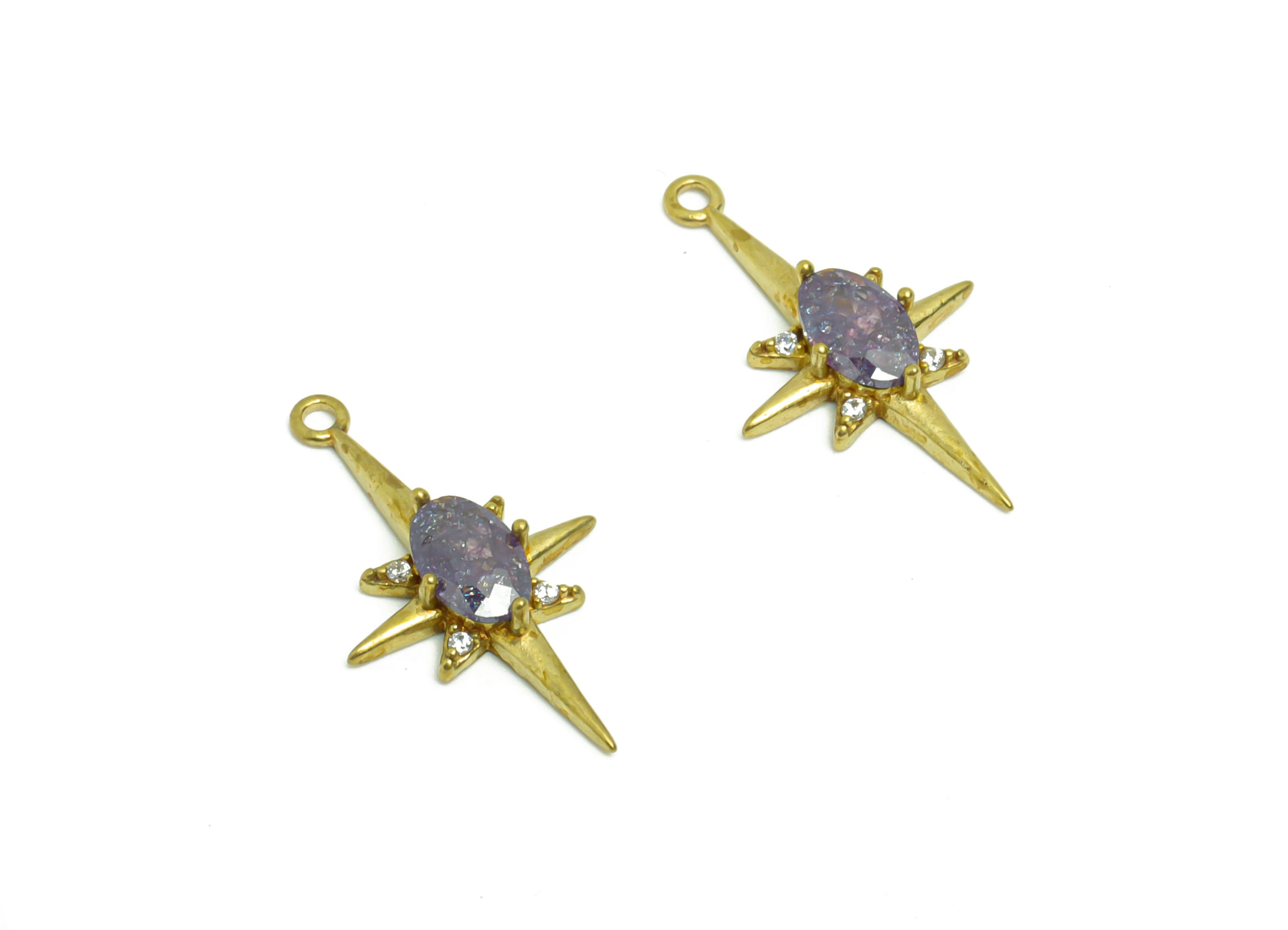 Brass Star Earring Charm - Raw Brass Purple Star Zircon Pendant - Brass North Star Zircon Charm - Jewelry Supplies - 21.18x12x3.4mm- PP8957 - DOMEDBAZAAR