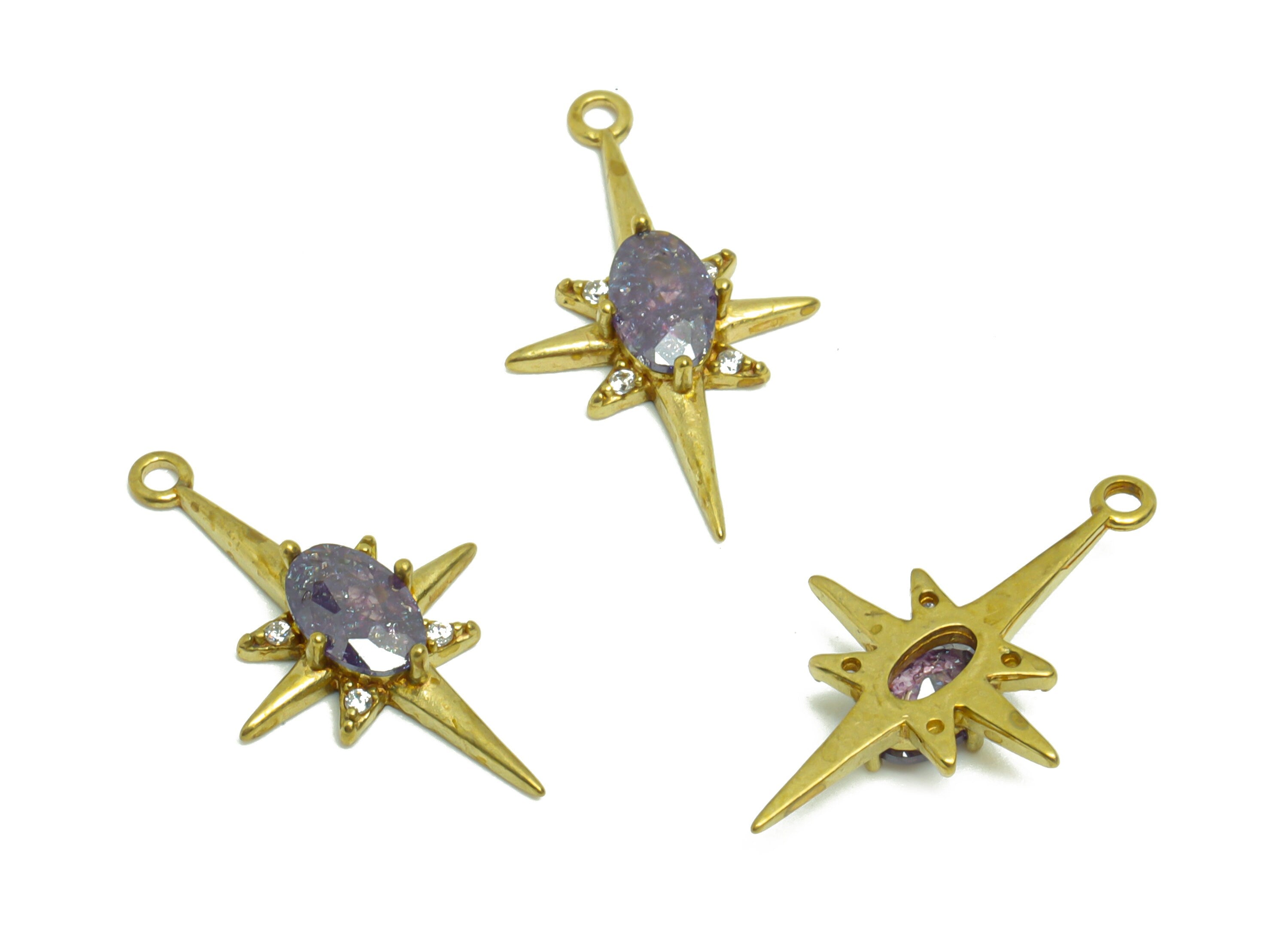 Brass Star Earring Charm - Raw Brass Purple Star Zircon Pendant - Brass North Star Zircon Charm - Jewelry Supplies - 21.18x12x3.4mm- PP8957 - DOMEDBAZAAR