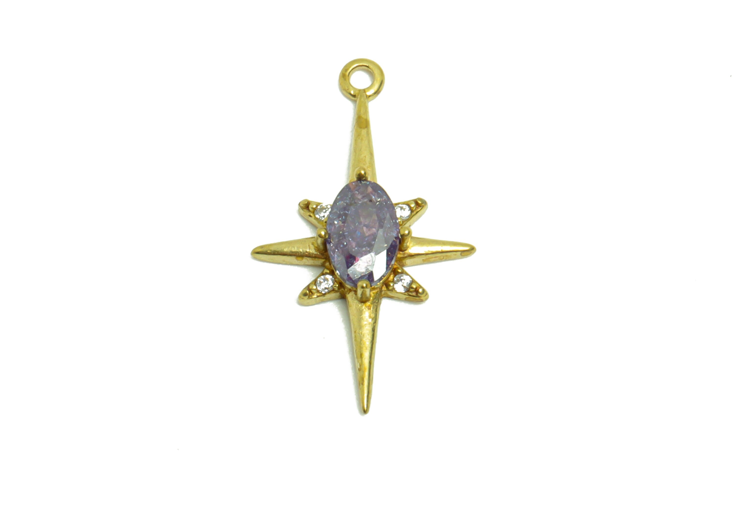Brass Star Earring Charm - Raw Brass Purple Star Zircon Pendant - Brass North Star Zircon Charm - Jewelry Supplies - 21.18x12x3.4mm- PP8957 - DOMEDBAZAAR