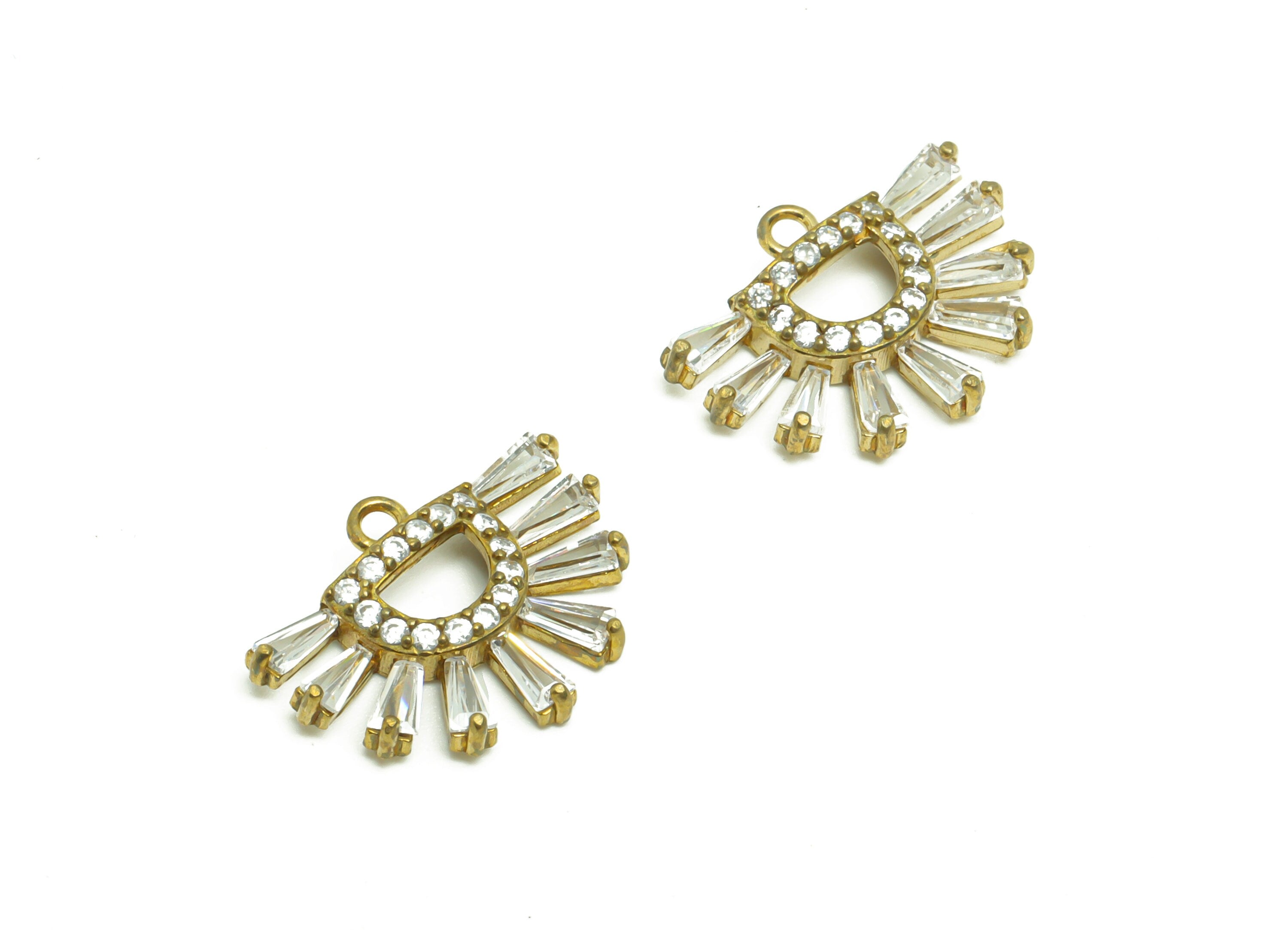 Brass Fan Earring Charm - Raw Brass Teardrop Zircon Pendant - Brass Domed Trapezoid Zircon Charm - Jewelry Supplies - 17.27x13x3.1mm- PP8961 - DOMEDBAZAAR