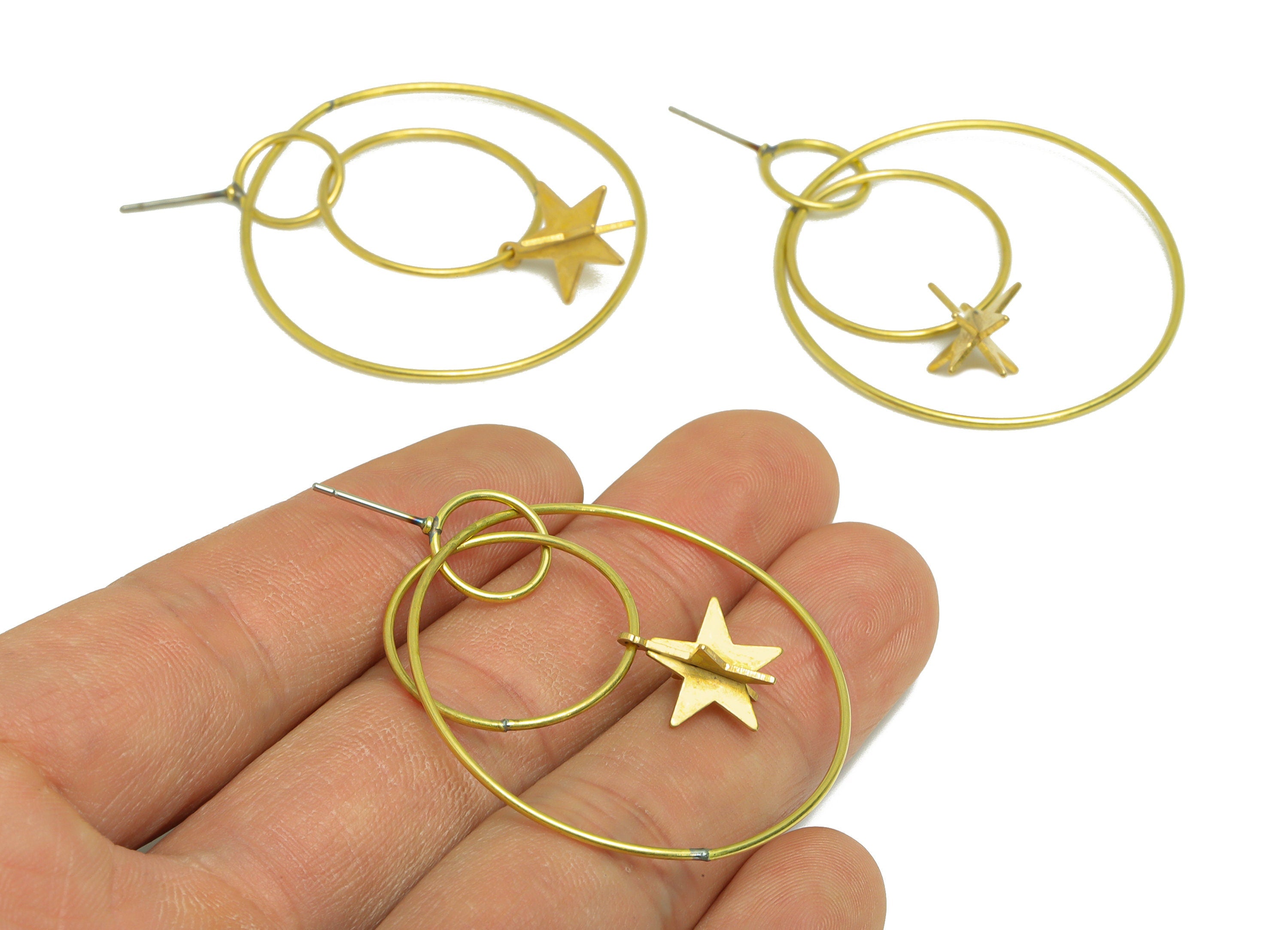 Brass Star Dangle Earring Stud - Raw Brass Round Earring Post - Brass Star Earring Post - Brass Circle Earring Post - 47x39.9x1.1mm - PP9146 - DOMEDBAZAAR
