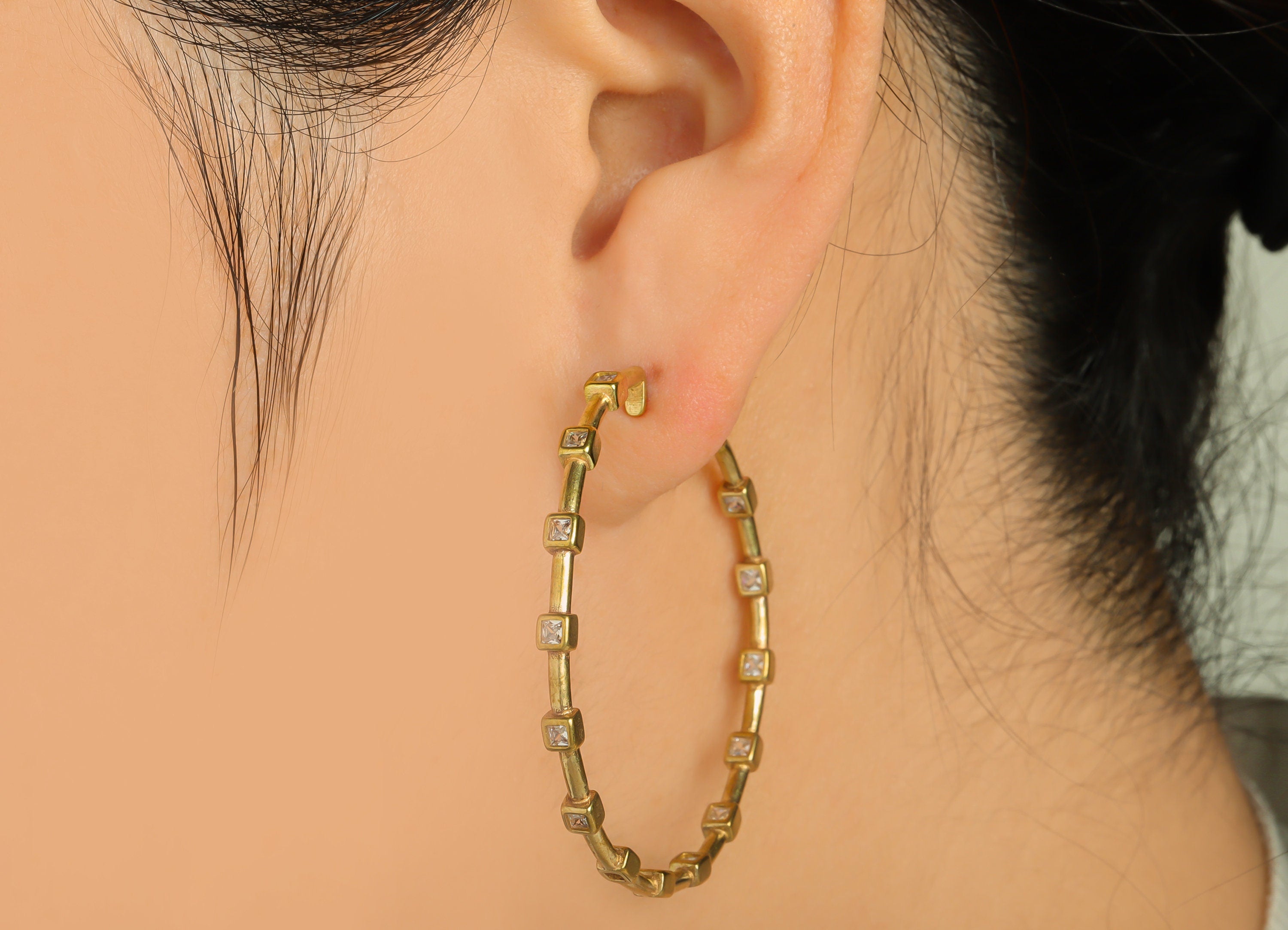 Brass Cube C Hoop Earring Stud - Raw Brass Open Hoop Zircon Earring Post - Brass Beads Zircon Hoop Earring Post - 44.23x44.23x2.7mm - PP9312 - DOMEDBAZAAR