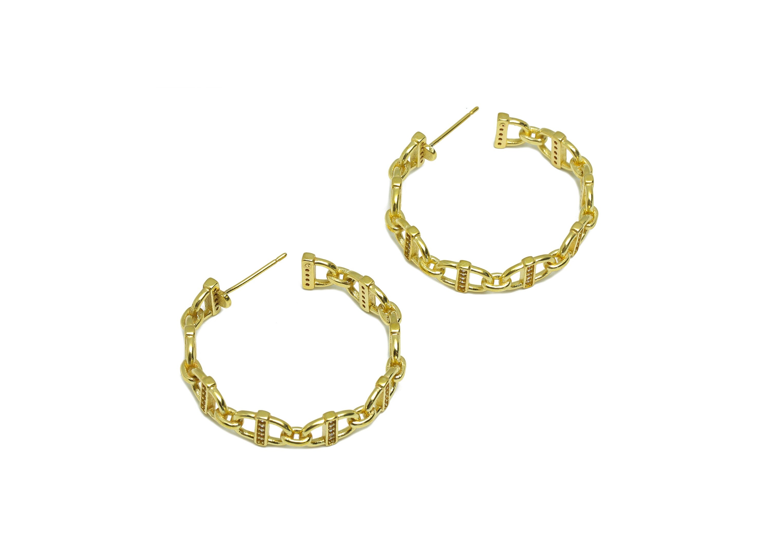 Brass Chain C Hoop Earring Stud - Raw Brass Open Hoop Zircon Earring Post - Brass Link Zircon Hoop Earring Post - 31.25x31.25x1.64mm- PP9311 - DOMEDBAZAAR