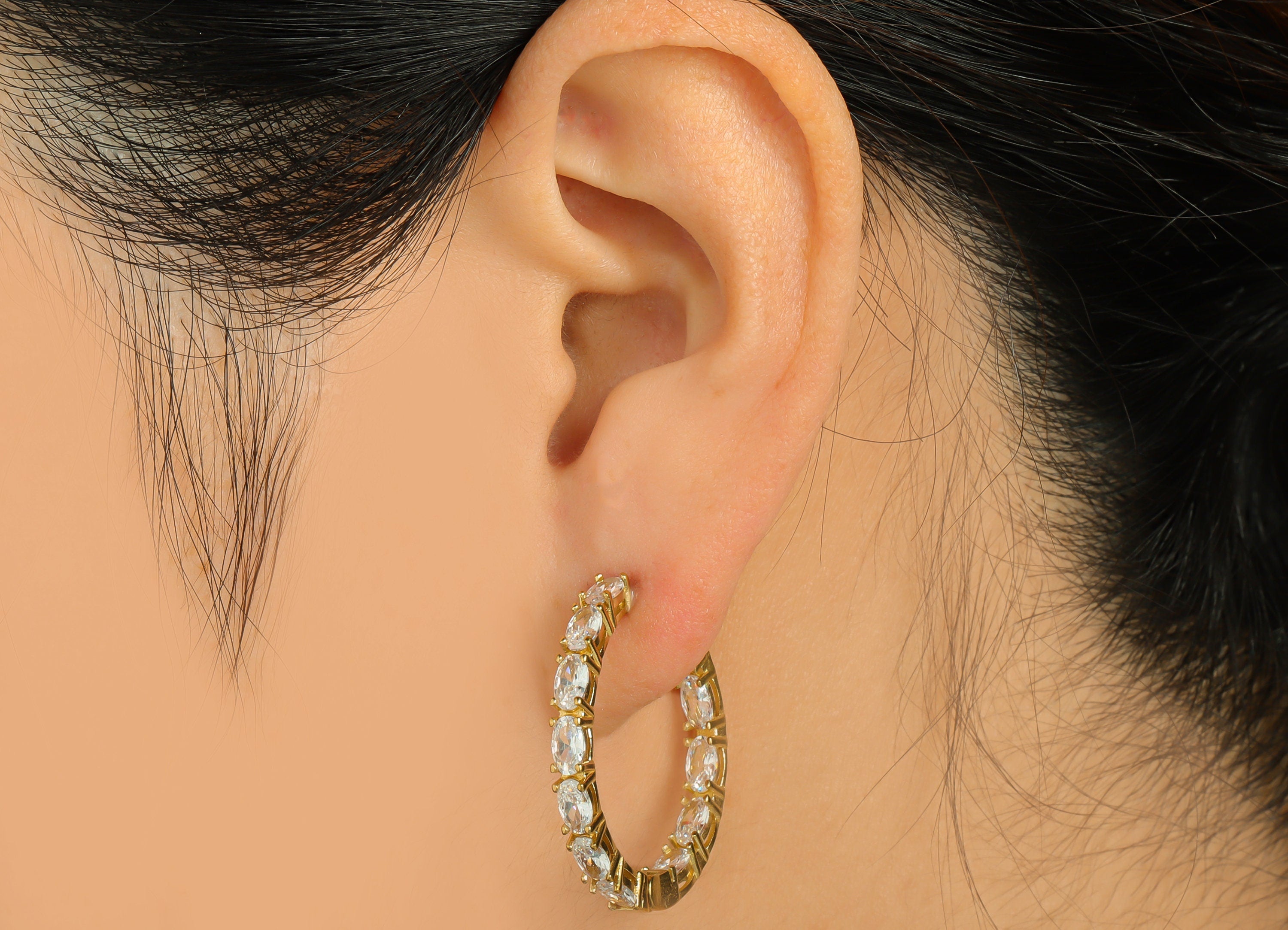 Brass Oval Huggie Hoop Earring - Raw Brass CZ Round Hoop Earring - Brass Huggie Hoop Wire Earring - Zircon Clasp Earring - 29x29x3mm -PP9330 - DOMEDBAZAAR