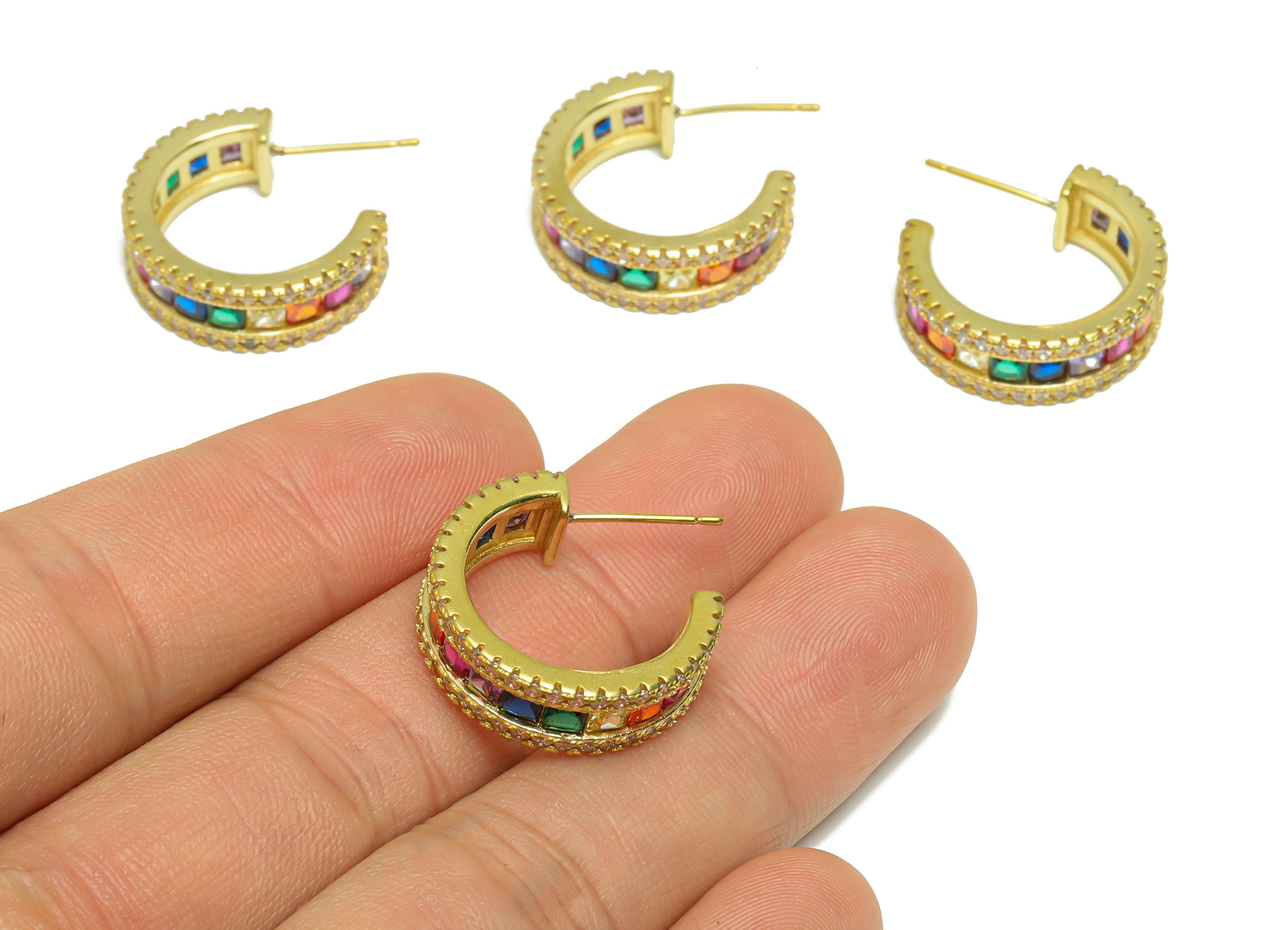Brass Rainbow C Hoop Earring Stud - Raw Brass Rainbow Open Hoop Zircon Earring Post - Thick Zircon Hoop Earring Post - 21x7x2mm -PP9324 - DOMEDBAZAAR