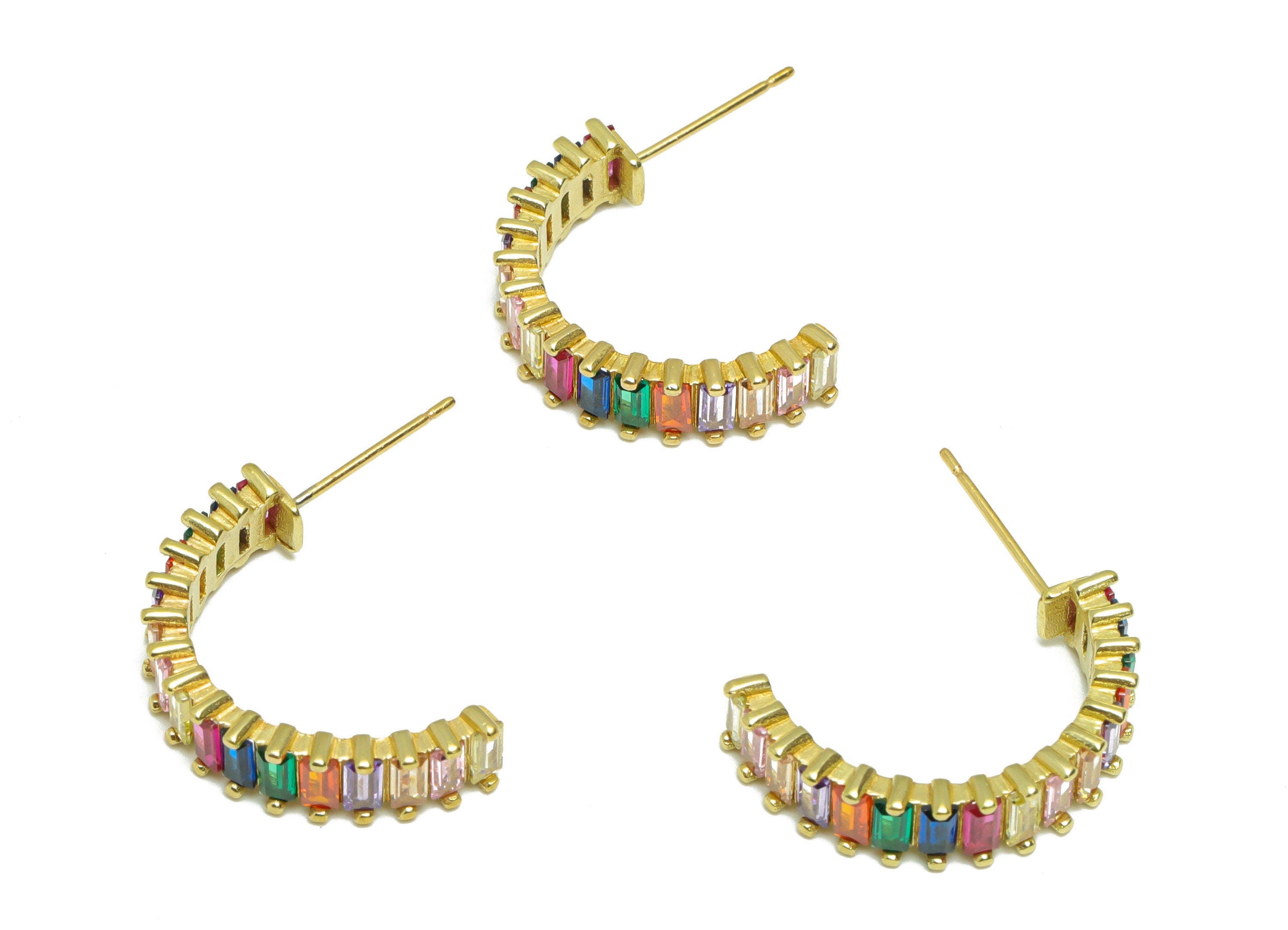 Rectangle CZ C Hoop Earring - Raw Brass Rainbow Open Hoop Zircon Earring Post - Thick Zircon Hoop Earring Post - 18.7x22x2mm -PP9335 - DOMEDBAZAAR
