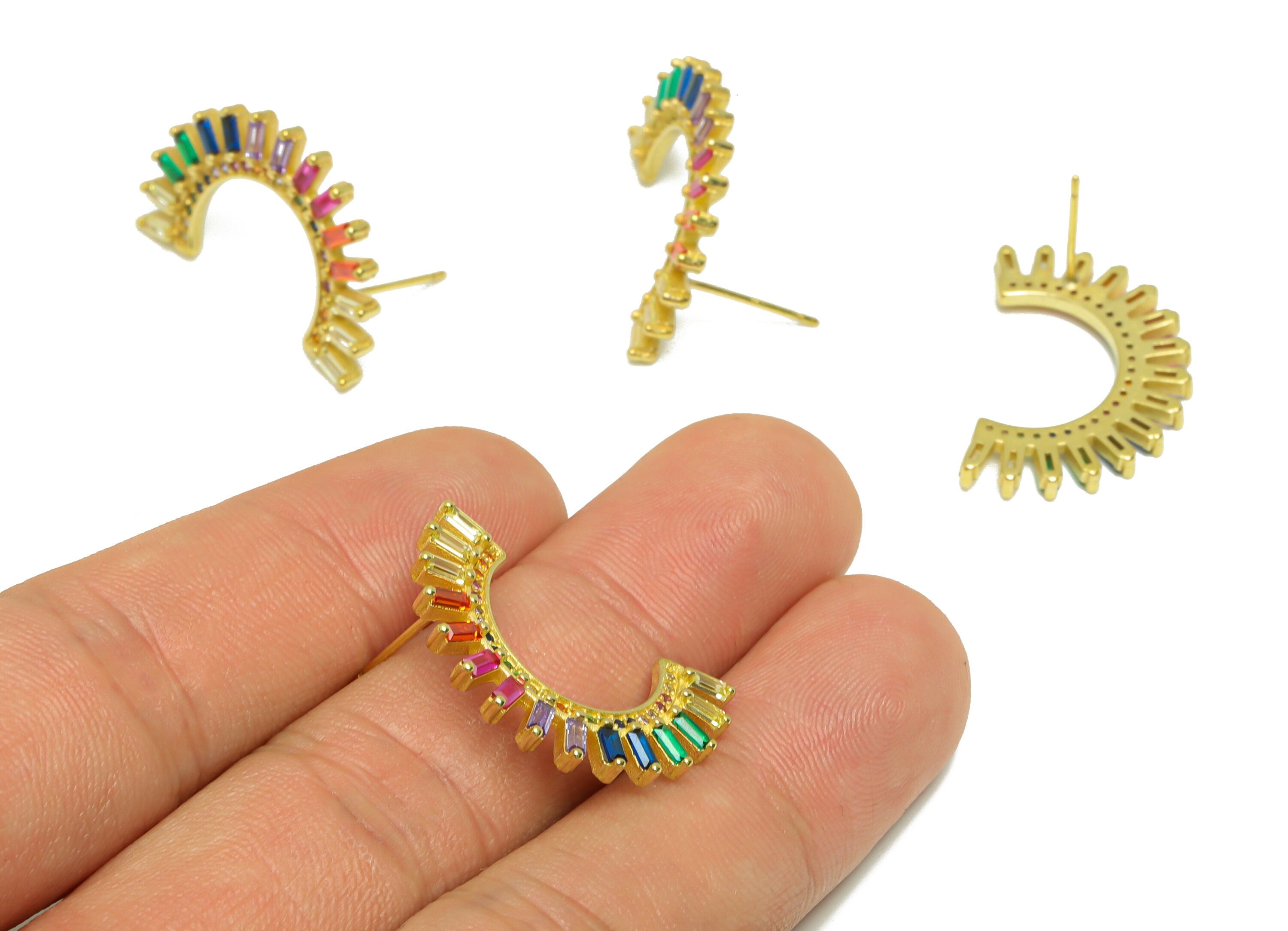 Rectangle CZ C Hoop Earring - Raw Brass Rainbow Open Hoop Zircon Earring Post - Zircon C Hoop Earring Post - 14.73x26.46x2.54mm -PP9323 - DOMEDBAZAAR