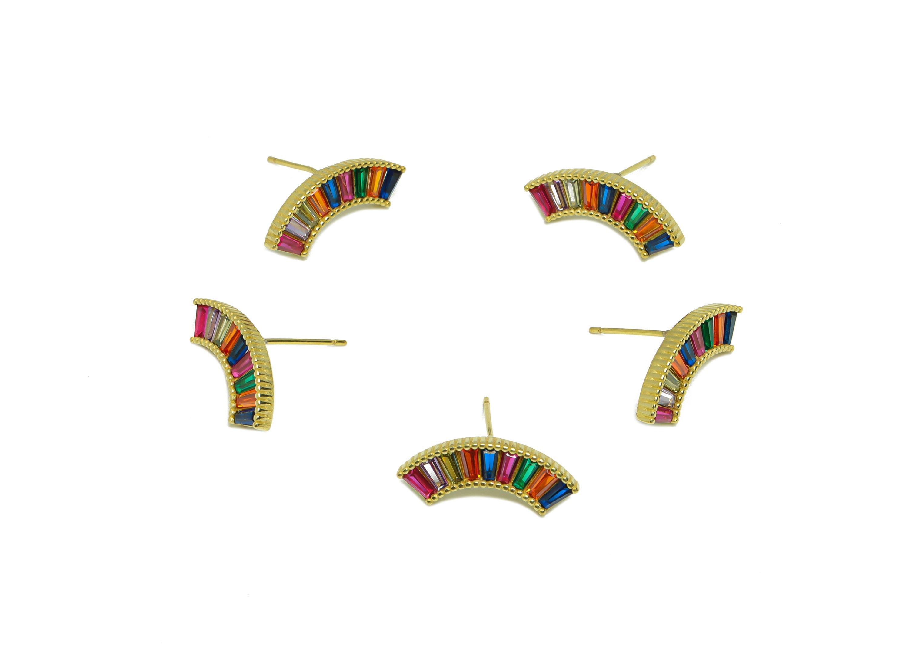 Rectangle CZ Curved Bar Earring - Raw Brass Rainbow Curved Stick Zircon Earring Post - Zircon Stick Earring Post - 14.61x20x2.4mm - PP9317 - DOMEDBAZAAR