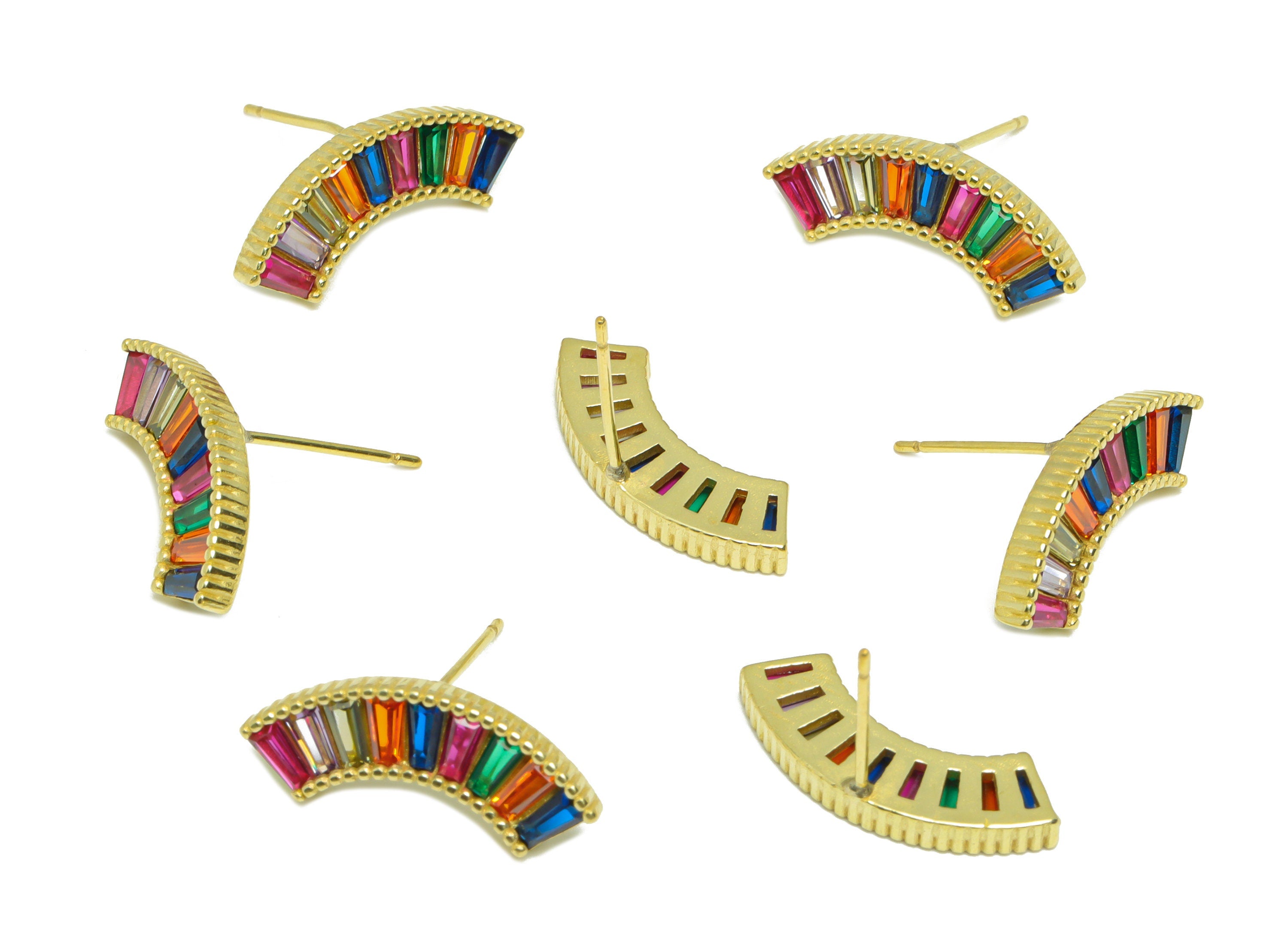 Rectangle CZ Curved Bar Earring - Raw Brass Rainbow Curved Stick Zircon Earring Post - Zircon Stick Earring Post - 14.61x20x2.4mm - PP9317 - DOMEDBAZAAR