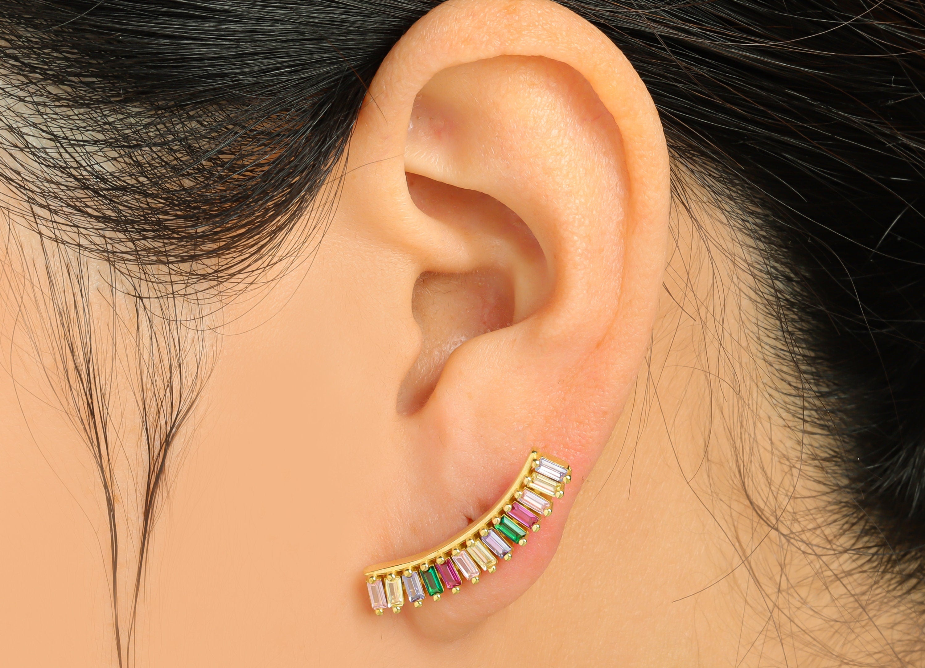 Rectangle CZ Curved Bar Earring - Raw Brass Rainbow Curved Stick Zircon Earring Post - Zircon Stick Earring Post - 16x25.12x2.47mm - PP9318 - DOMEDBAZAAR