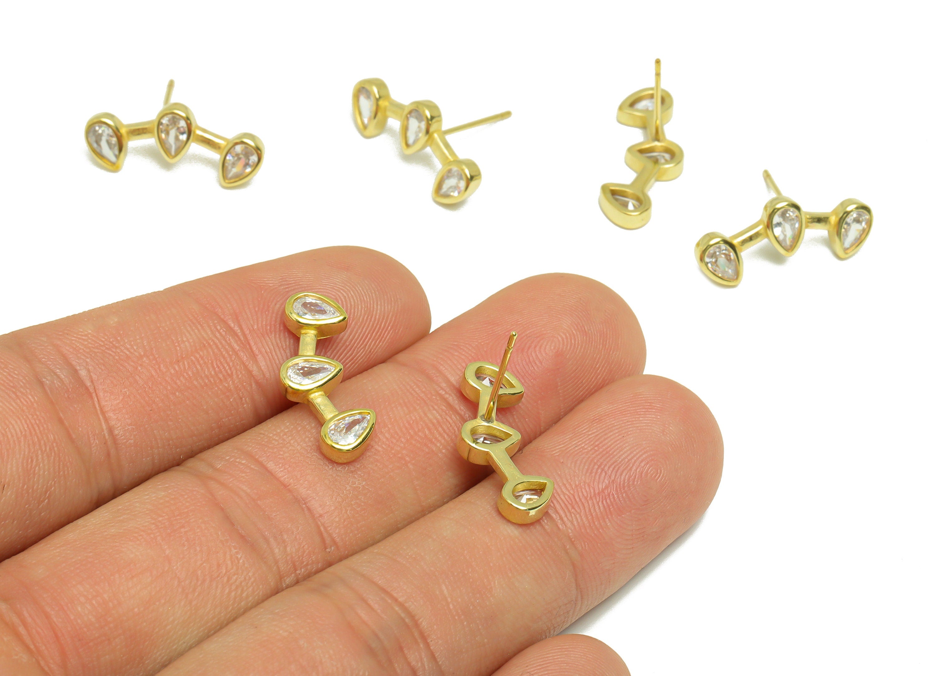 Teardrop CZ Wire Earring Stud - Raw Brass Drop Stick Zircon Earring Post - Drop Link Zircon Stick Wire Earring Post - 14.52x18x2mm - PP9319 - DOMEDBAZAAR