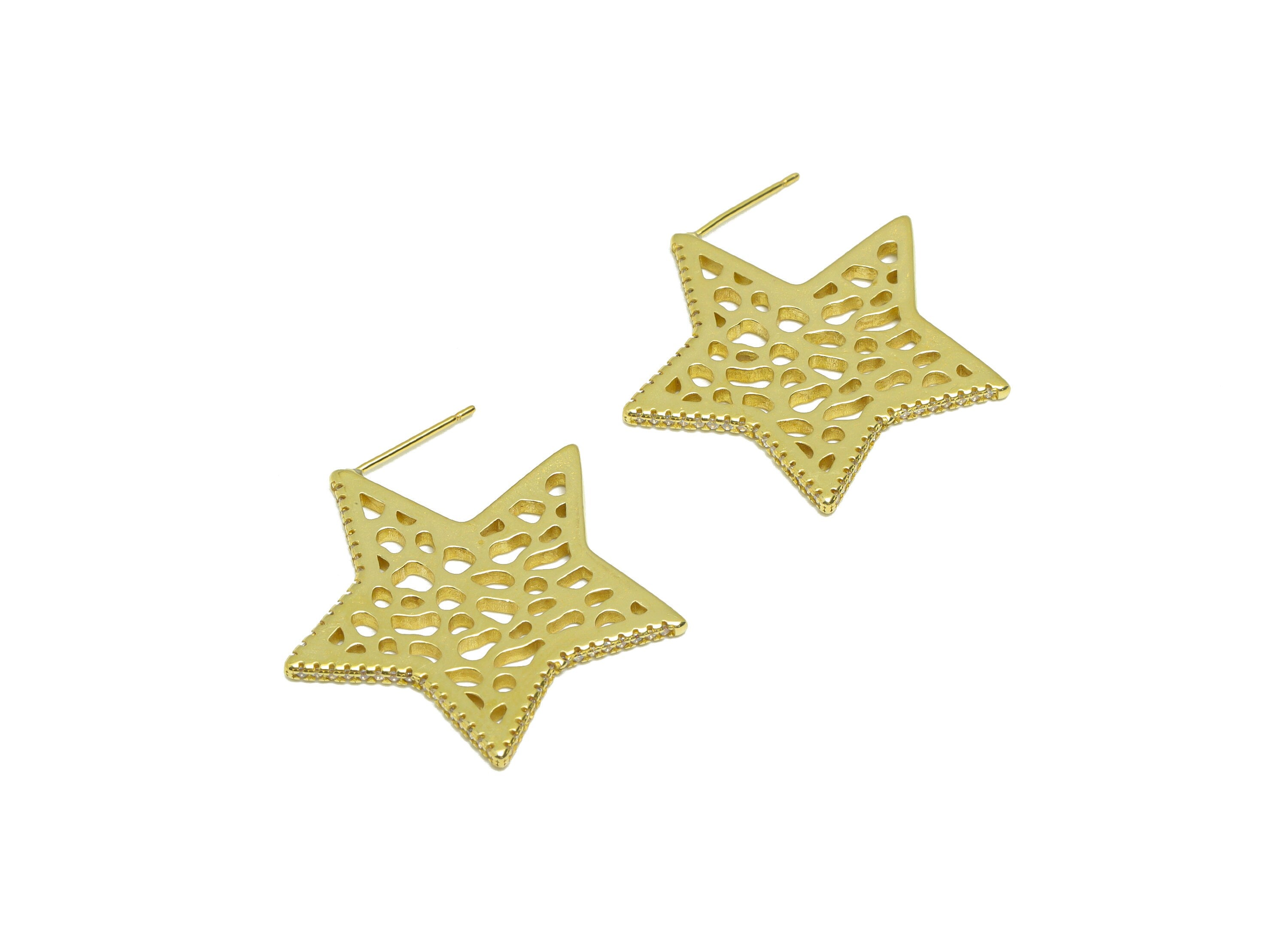 Brass Textured Star Earring Stud - Raw Brass Hollow Star Earring Post - Star CZ Earring Post - Star Cubic Zircon Earring - 30x31x1mm -PP9336 - DOMEDBAZAAR