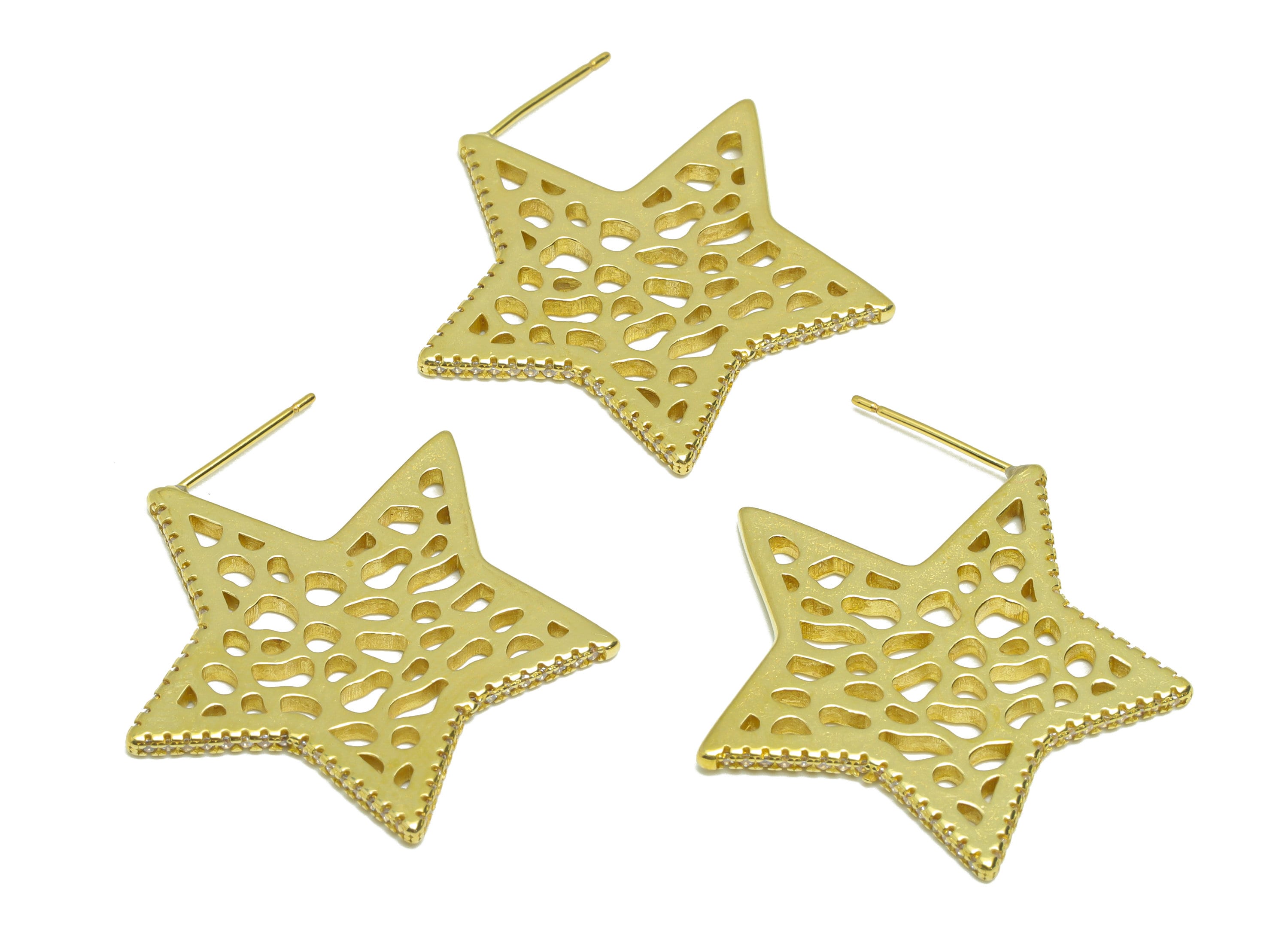 Brass Textured Star Earring Stud - Raw Brass Hollow Star Earring Post - Star CZ Earring Post - Star Cubic Zircon Earring - 30x31x1mm -PP9336 - DOMEDBAZAAR