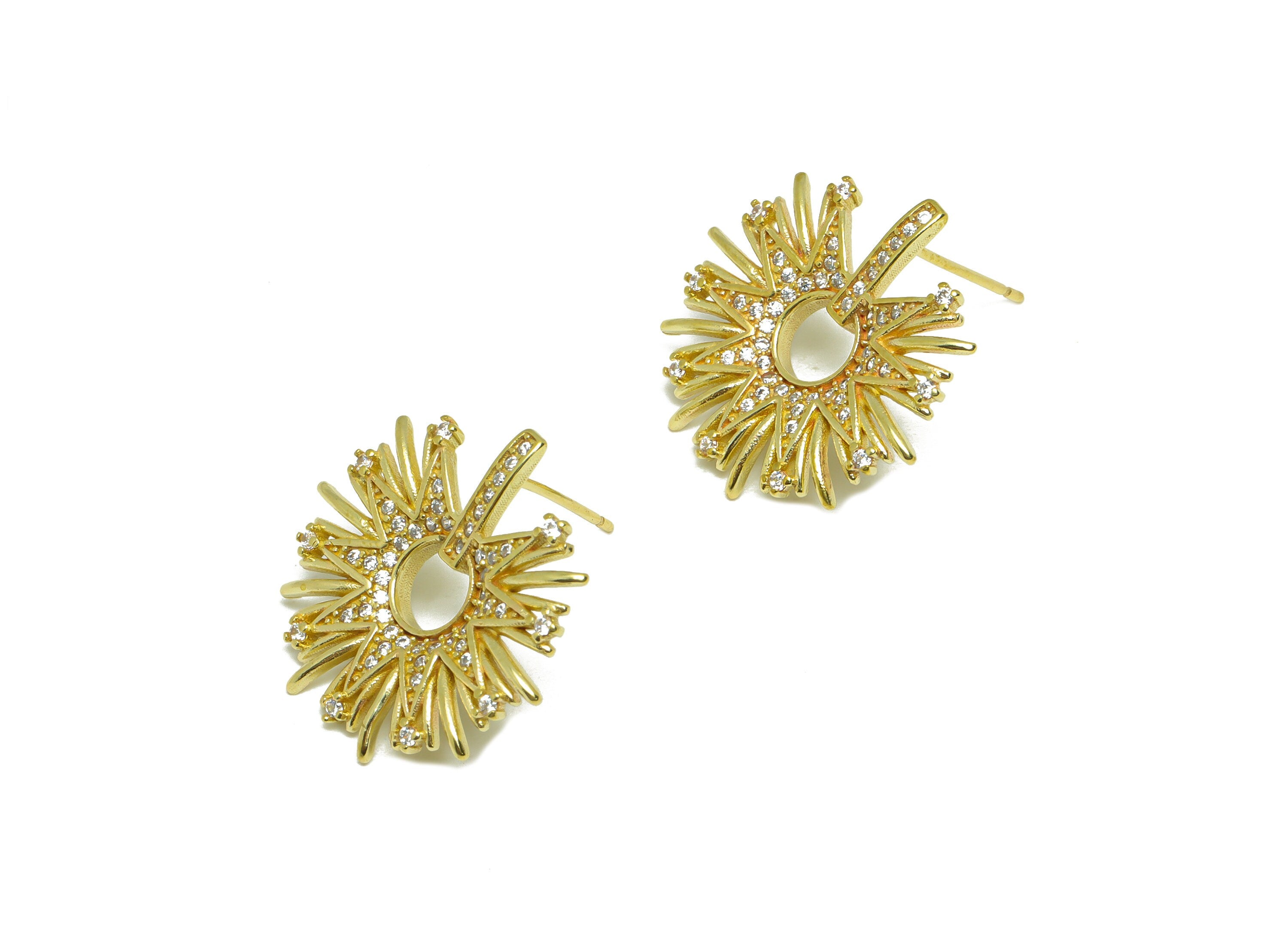 Brass CZ Flower Earring Stud - Raw Brass Flower Earring Post - Brass Botanical CZ Earring Post - Cubic Zircon Earring - 13.9x21x3mm- PP9314 - DOMEDBAZAAR