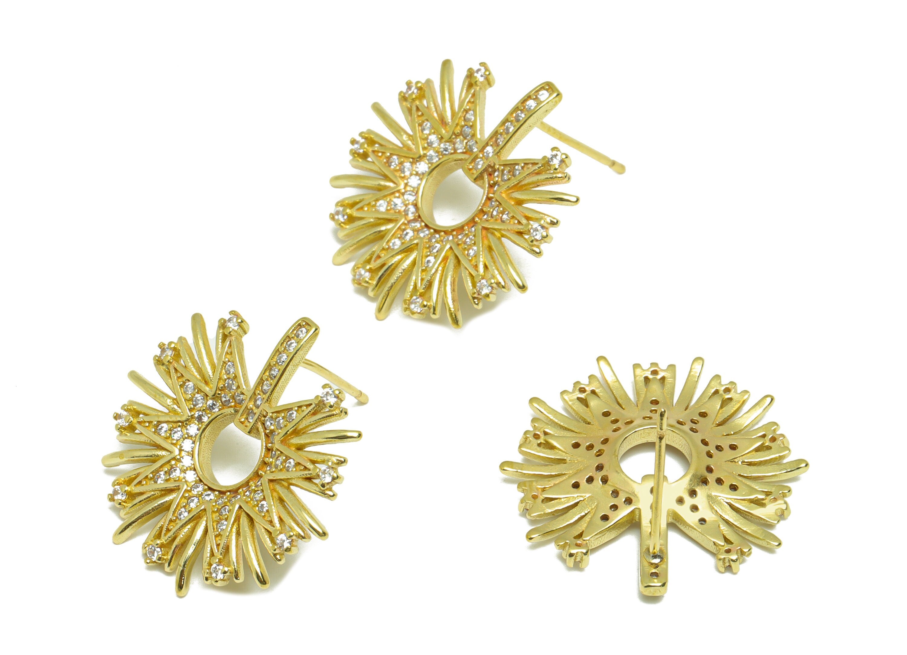 Brass CZ Flower Earring Stud - Raw Brass Flower Earring Post - Brass Botanical CZ Earring Post - Cubic Zircon Earring - 13.9x21x3mm- PP9314 - DOMEDBAZAAR