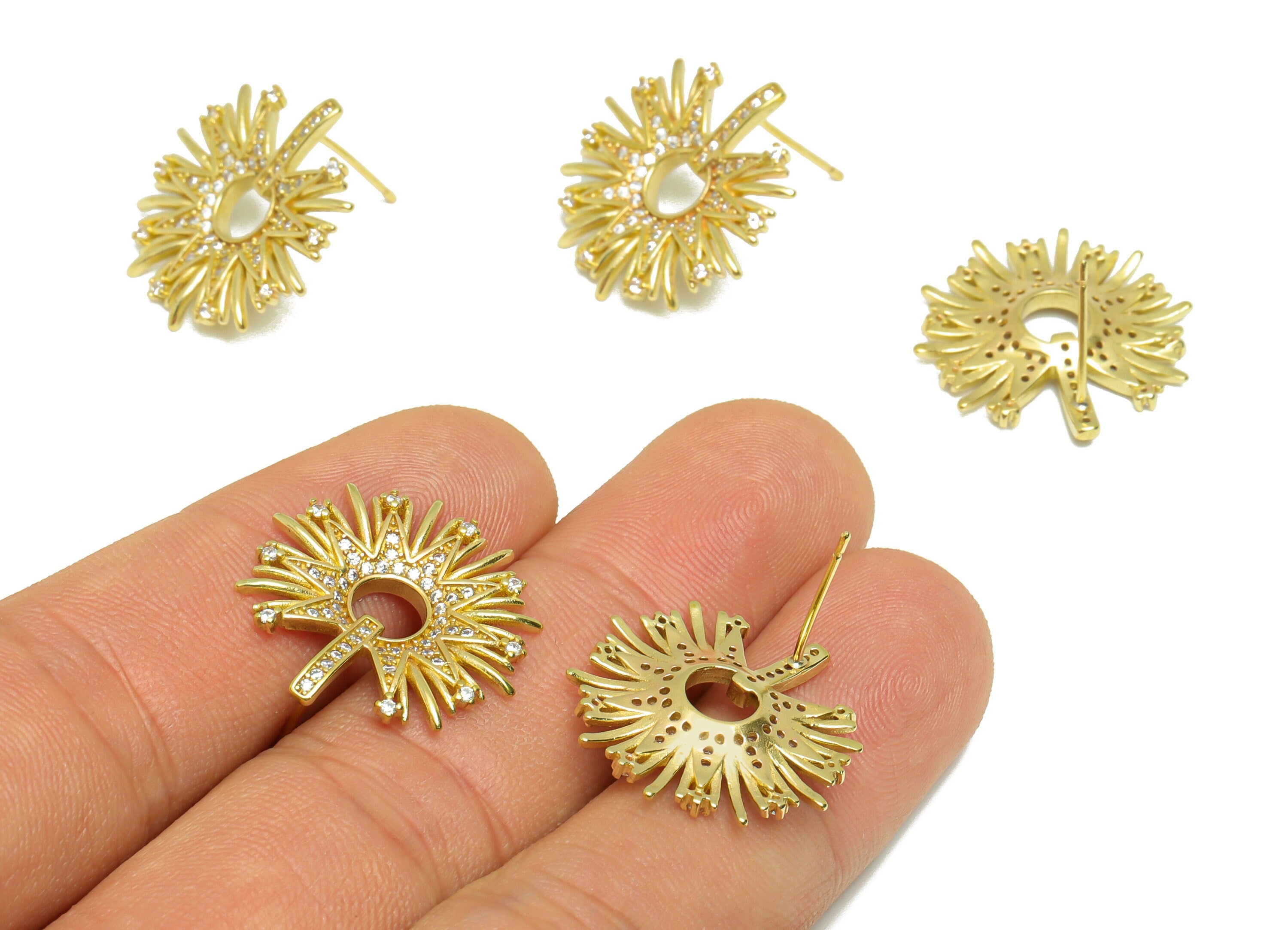 Brass CZ Flower Earring Stud - Raw Brass Flower Earring Post - Brass Botanical CZ Earring Post - Cubic Zircon Earring - 13.9x21x3mm- PP9314 - DOMEDBAZAAR