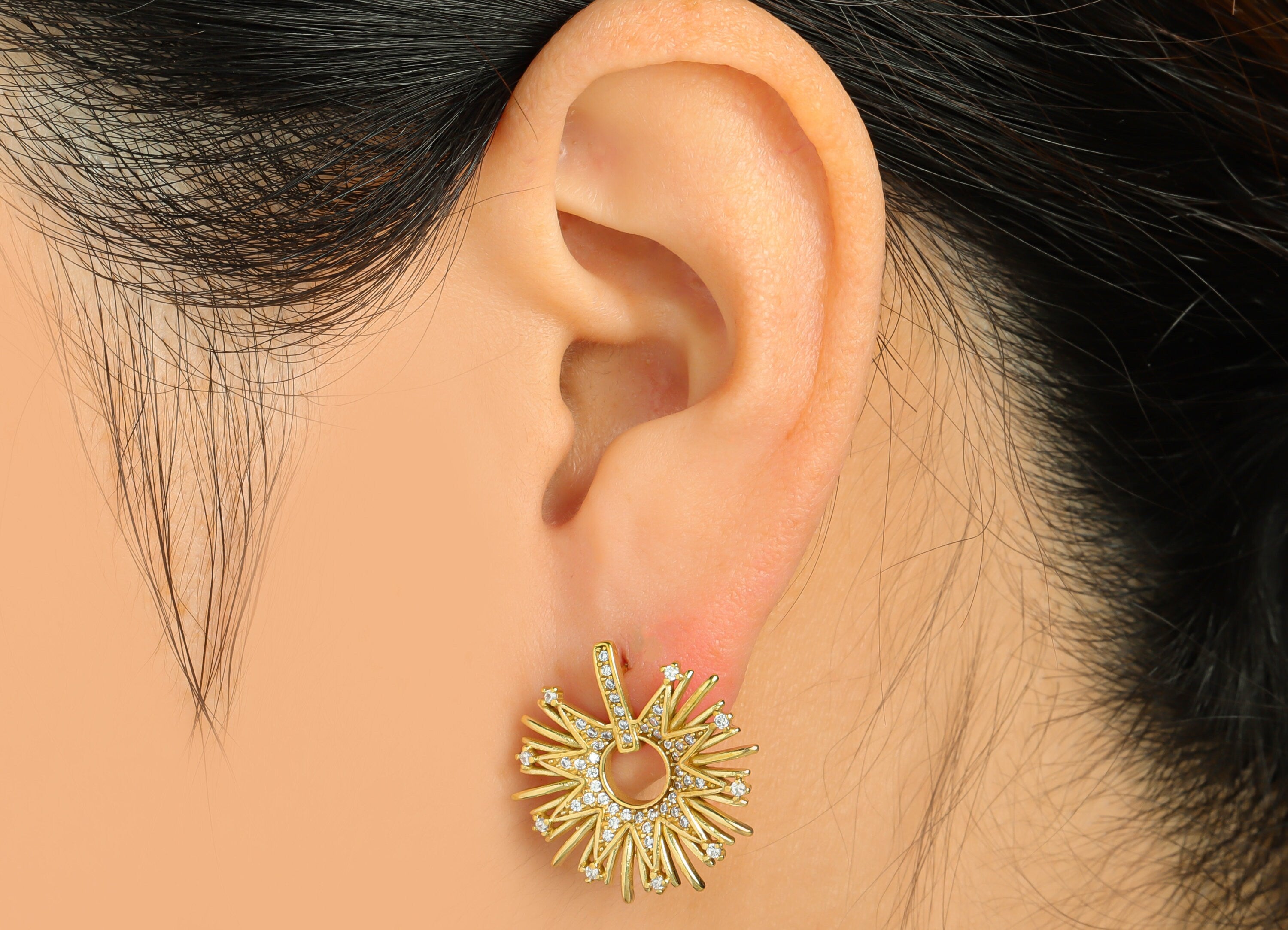 Brass CZ Flower Earring Stud - Raw Brass Flower Earring Post - Brass Botanical CZ Earring Post - Cubic Zircon Earring - 13.9x21x3mm- PP9314 - DOMEDBAZAAR