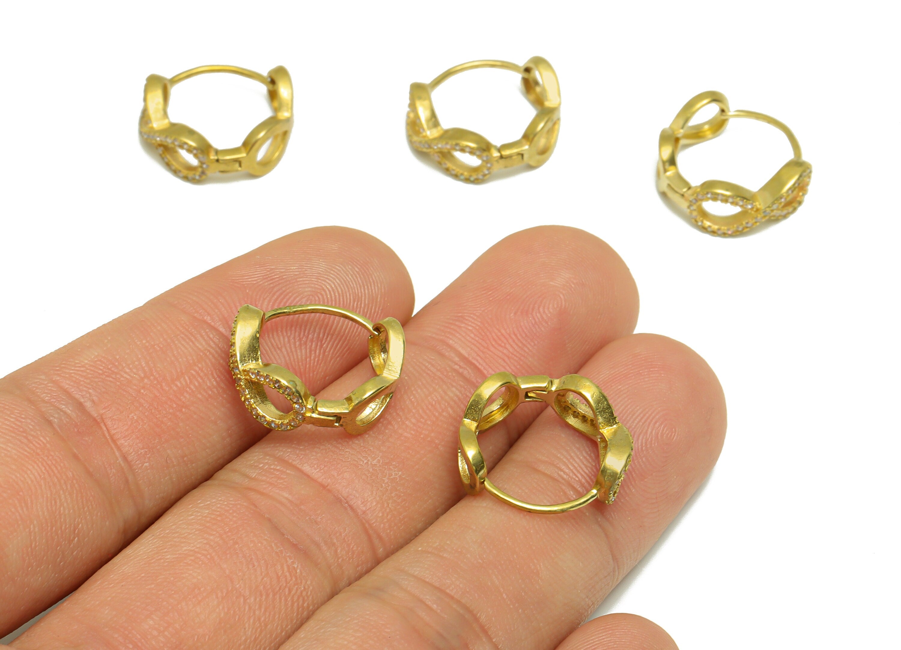 Brass CZ Huggie Hoop Earring - Raw Brass Cubic Zircon Earring Clasp - Brass 8 Hoop Clasp Earring - Zircon Clasp Earring - 15x17x2mm - PP9320 - DOMEDBAZAAR