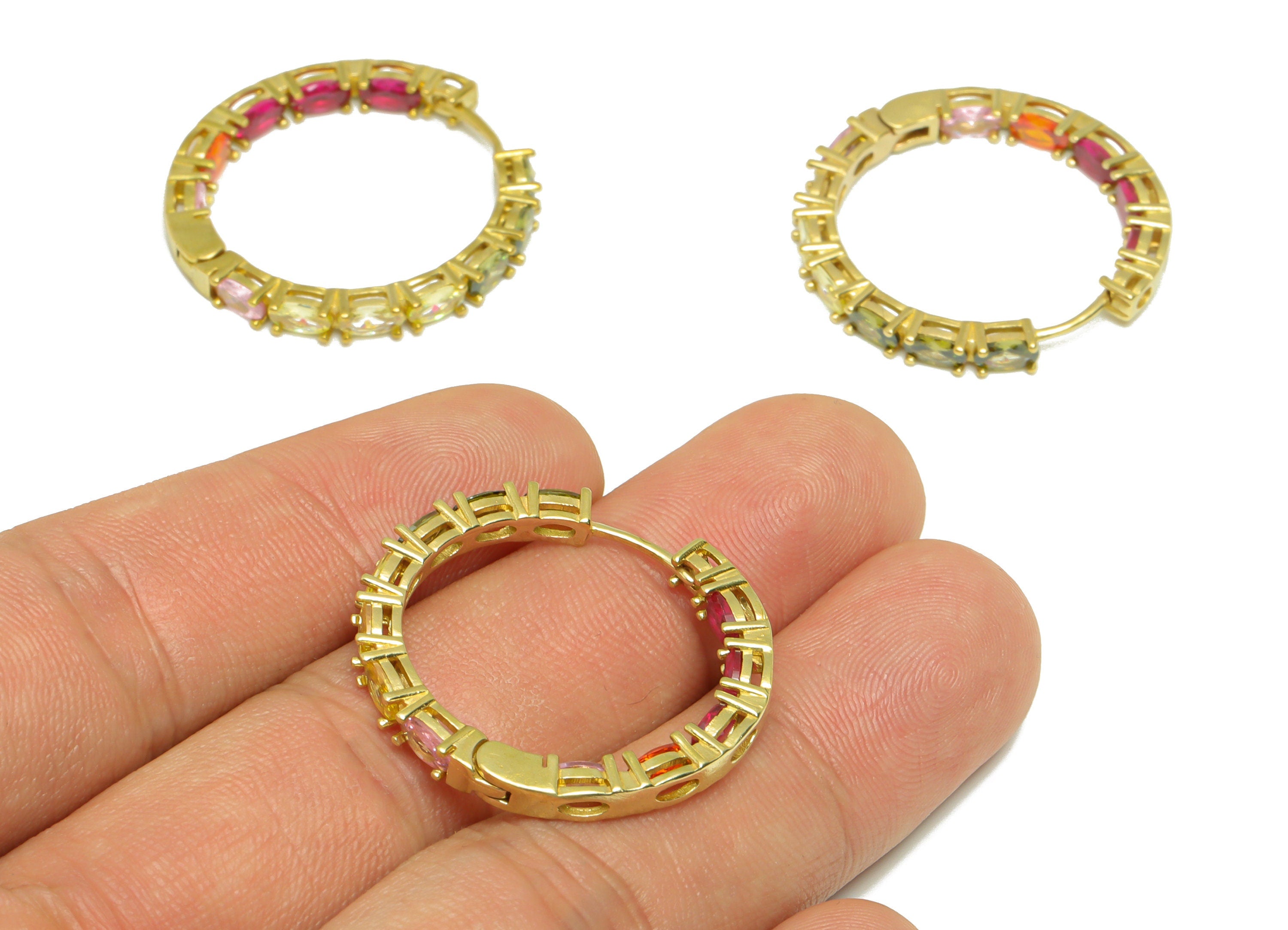 Brass CZ Huggie Hoop Earring - Raw Brass Rainbow Zircon Earring Clasp - Hoop Clasp Earring - Rainbow Zircon Earring - 29.21x29x3mm - PP9333 - DOMEDBAZAAR