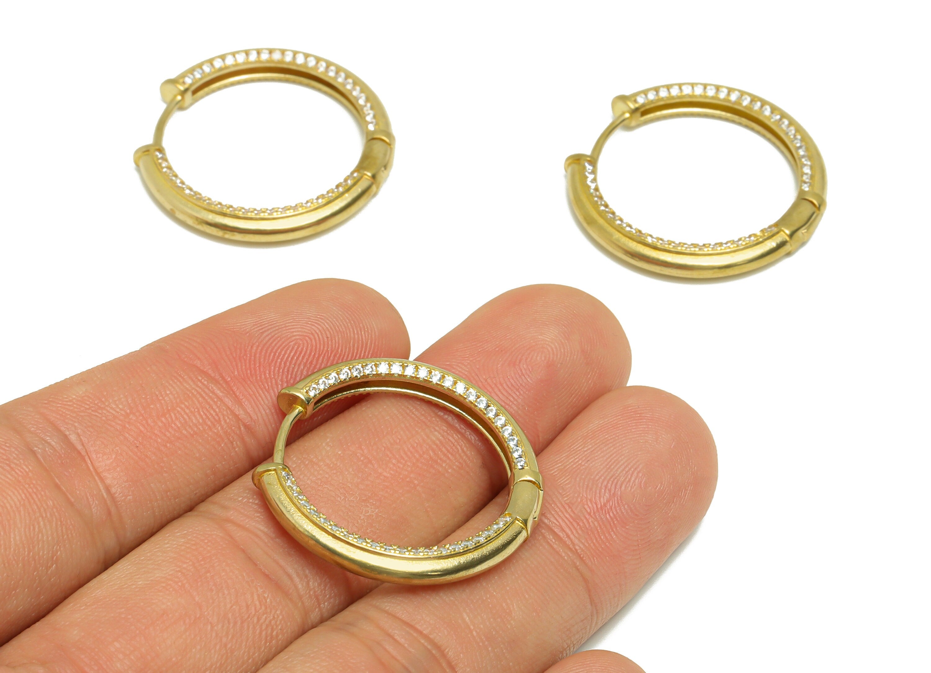 Round CZ Huggie Hoop Earring - Raw Brass Textured Zircon Earring Clasp - Brass Hoop Clasp Earring - Zircon Hoop Earring - 28x28x3mm - PP9334 - DOMEDBAZAAR