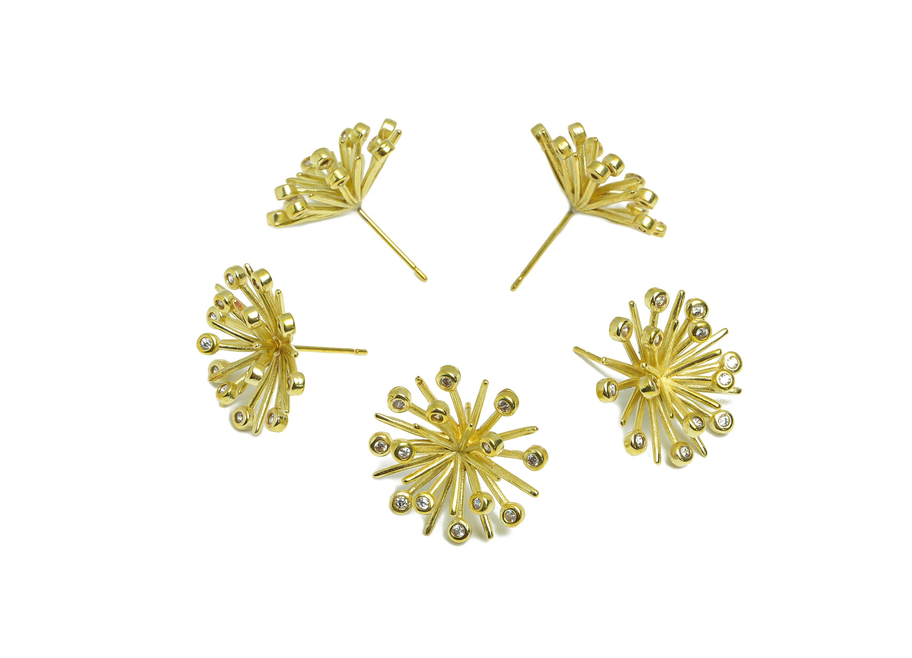 Brass CZ Flower Earring Stud - Raw Brass Dandelion Earring Post - Botanical Earring Post - Pistil Cubic Zircon Earring - 20x20x7mm - PP9309 - DOMEDBAZAAR