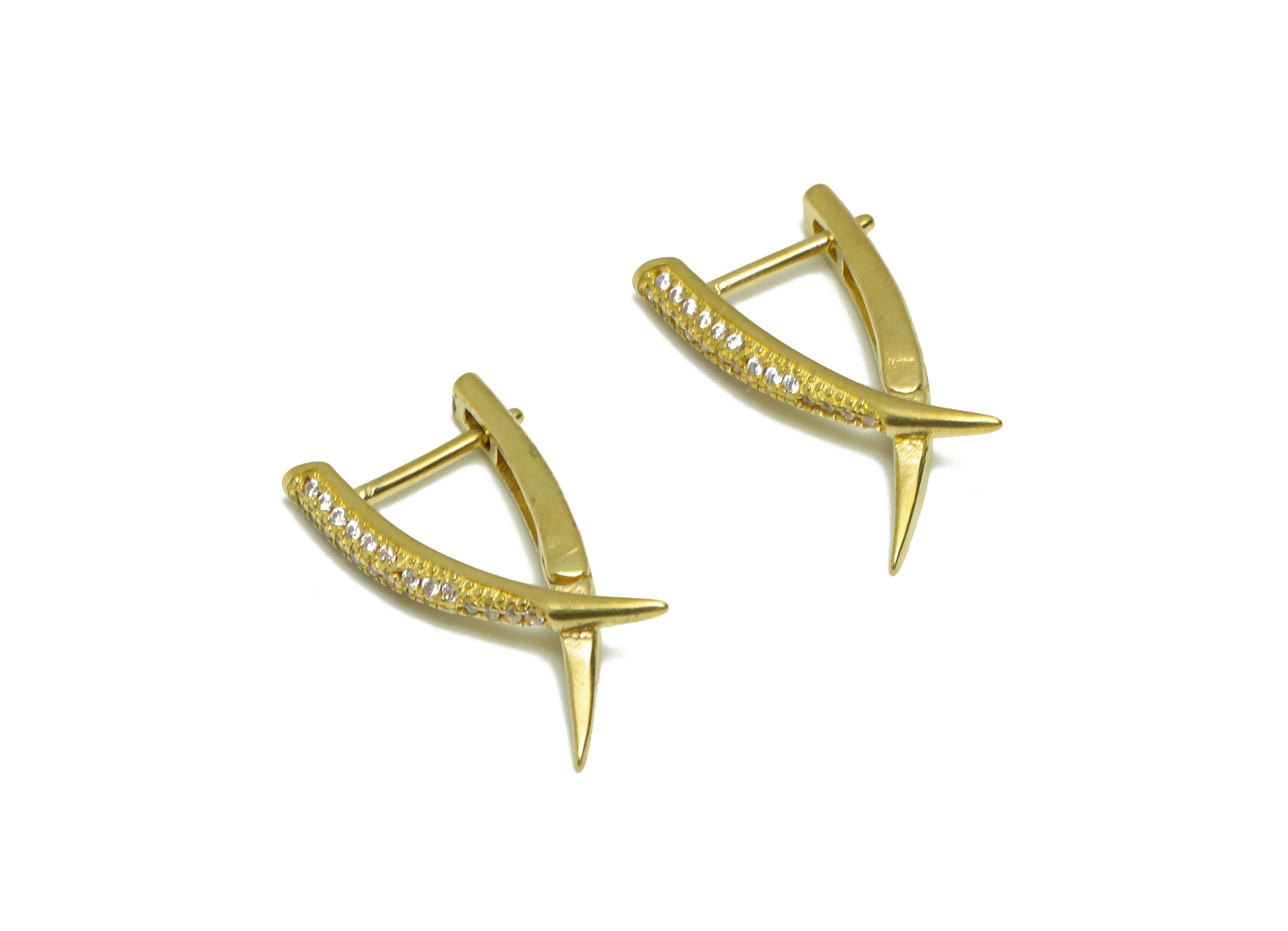 Brass Horn Jacket English Lock Earring - Raw Brass Zircon Lock Hoop Earring - CZ Lock Earring - Cross Zircon Earring - 22x12x3mm - PP9321 - DOMEDBAZAAR