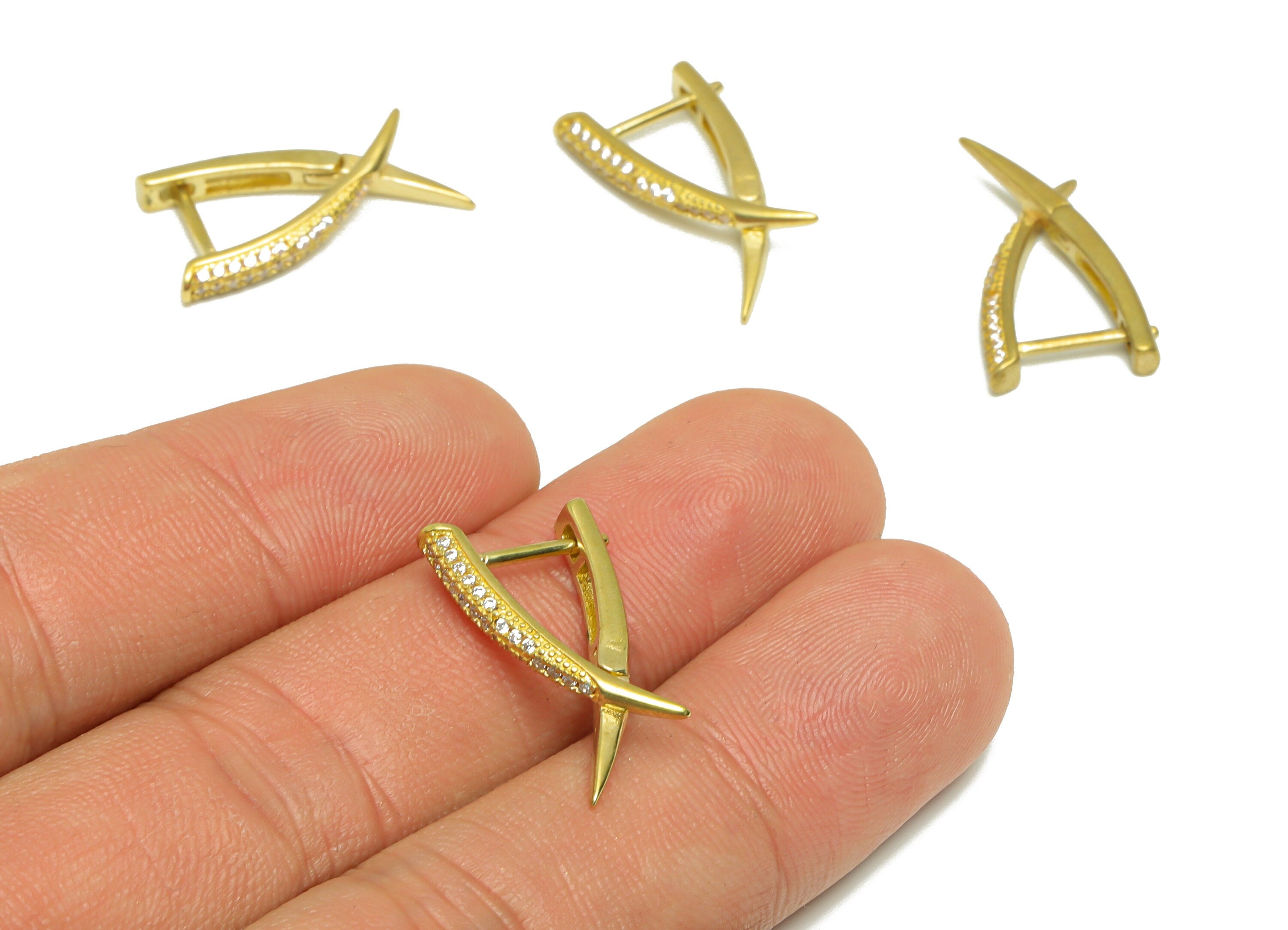 Brass Horn Jacket English Lock Earring - Raw Brass Zircon Lock Hoop Earring - CZ Lock Earring - Cross Zircon Earring - 22x12x3mm - PP9321 - DOMEDBAZAAR