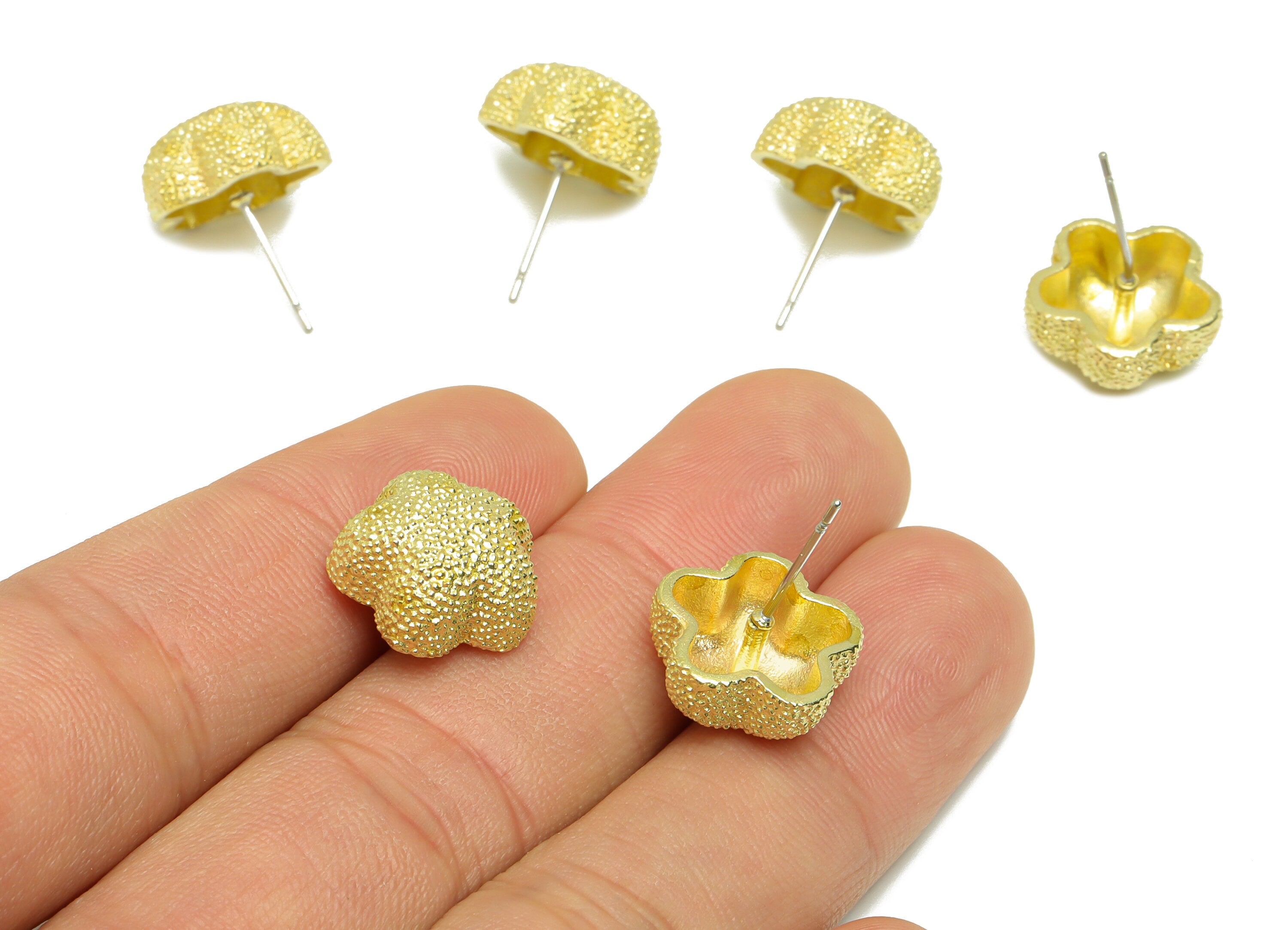 Brass Textured Flower Earring Stud - Raw Brass Frosted Flower Earring Post - Brass Cubic Flower Earring Post - 18.64x14.7x7.47mm - PP9217 - DOMEDBAZAAR