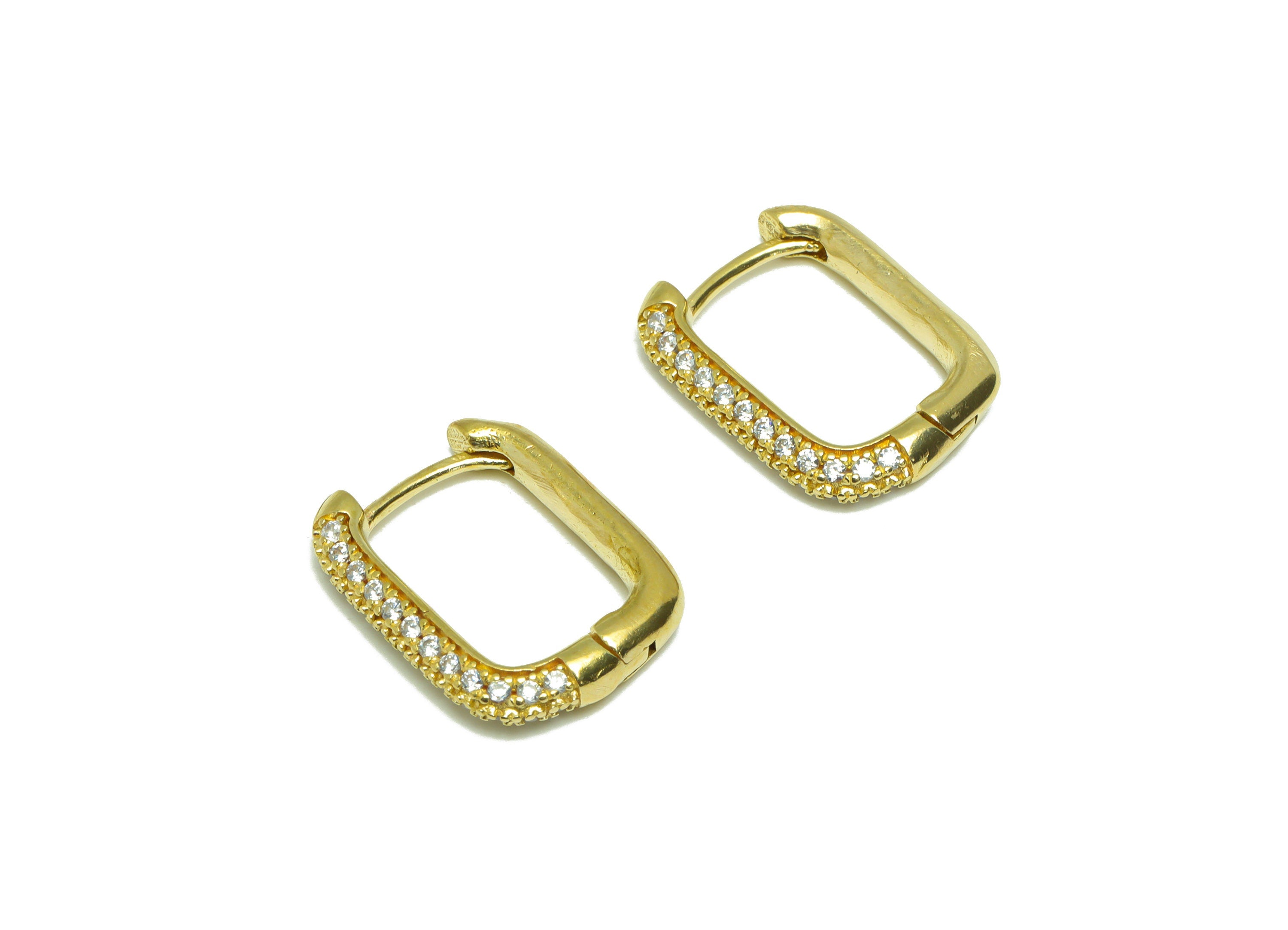 Brass CZ Huggie Hoop Earring - Raw Brass Oval Rectangle Earring Clasp - Zircon Hoop Clasp Earring - Brass Hoop Earring - 19x14x3mm- PP9182 - DOMEDBAZAAR