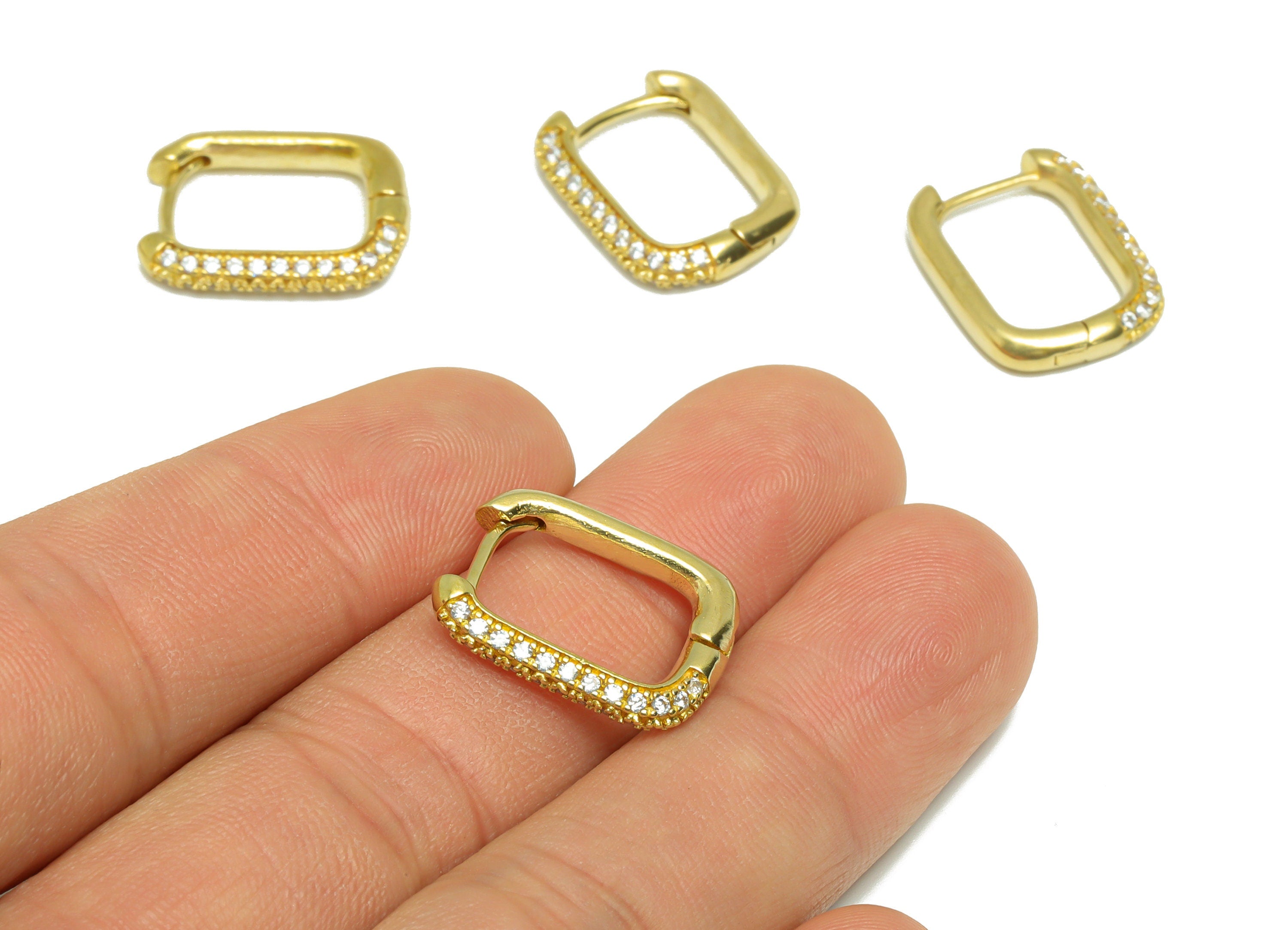 Brass CZ Huggie Hoop Earring - Raw Brass Oval Rectangle Earring Clasp - Zircon Hoop Clasp Earring - Brass Hoop Earring - 19x14x3mm- PP9182 - DOMEDBAZAAR