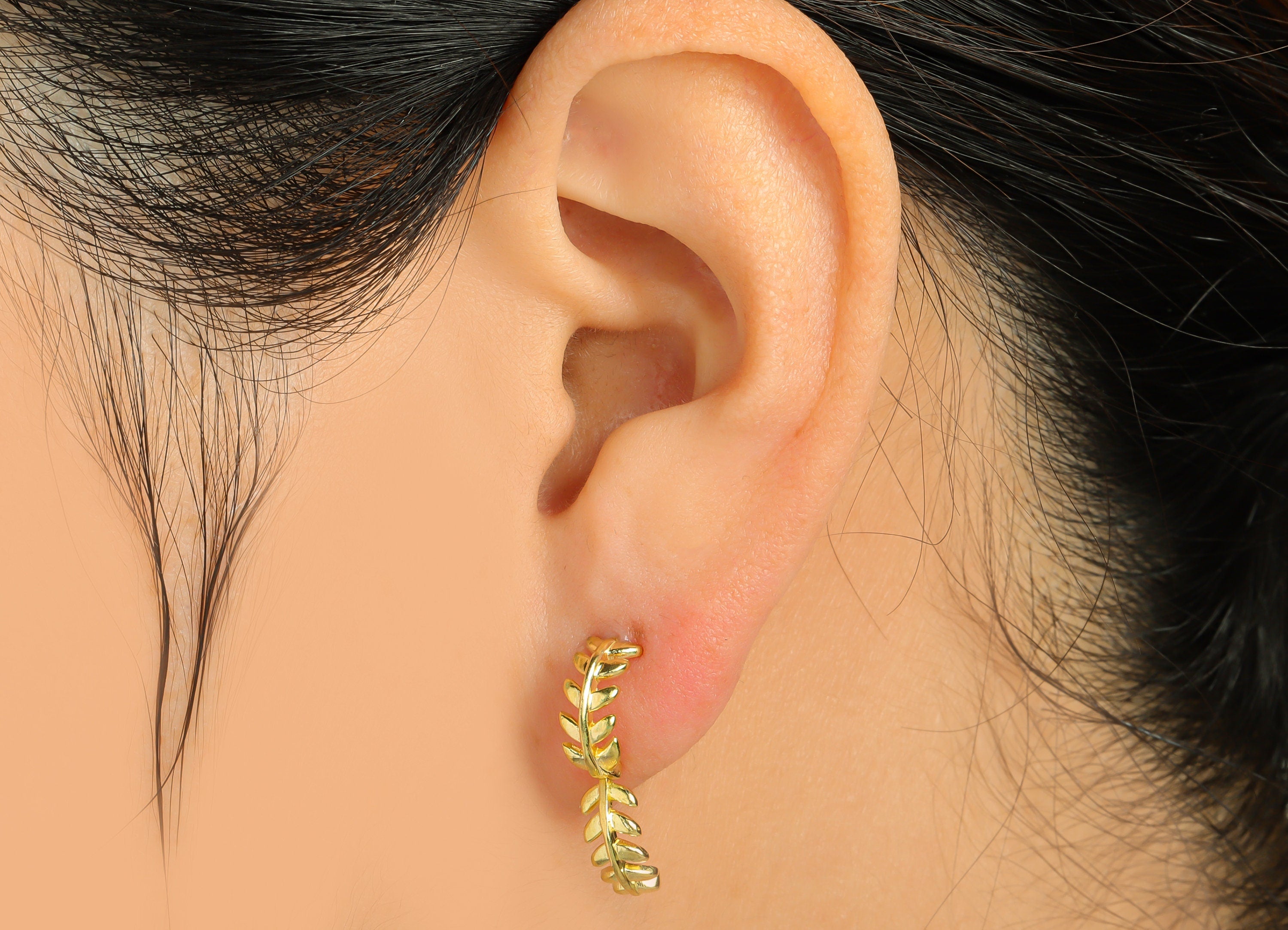 Brass leaf Huggie Hoop Earring - Raw Brass Branch Wire Earring Clasp - Brass Hoop Clasp Earring - Botanical Hoop Earring - 12x12x4mm -PP9166 - DOMEDBAZAAR