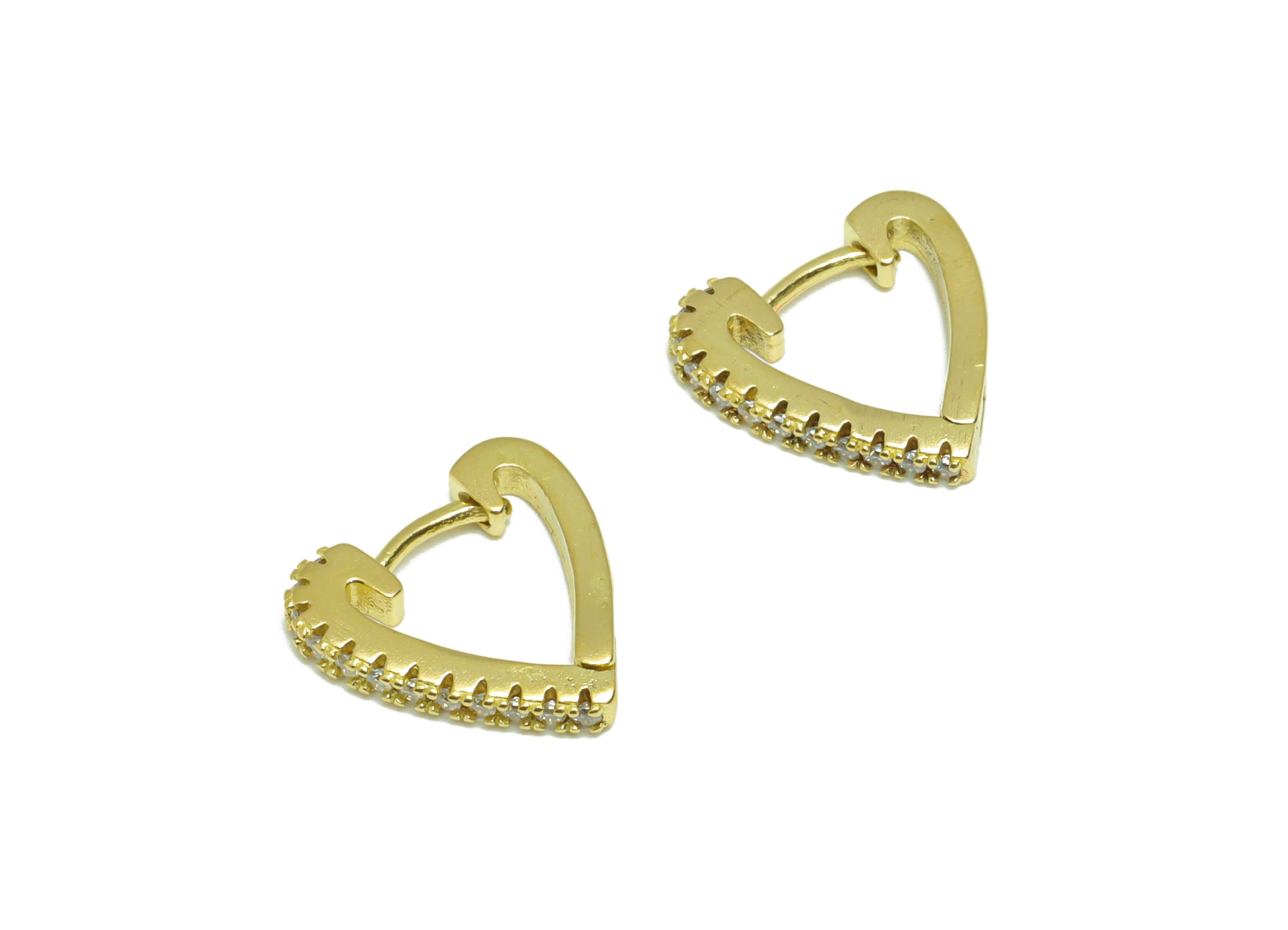 Brass CZ Heart Huggie Hoop - Raw Brass Heart Earring Clasp - Brass Zircon Hoop Clasp Earring - Brass Hoop Earring - 13.58x12.7x2mm - PP9177 - DOMEDBAZAAR