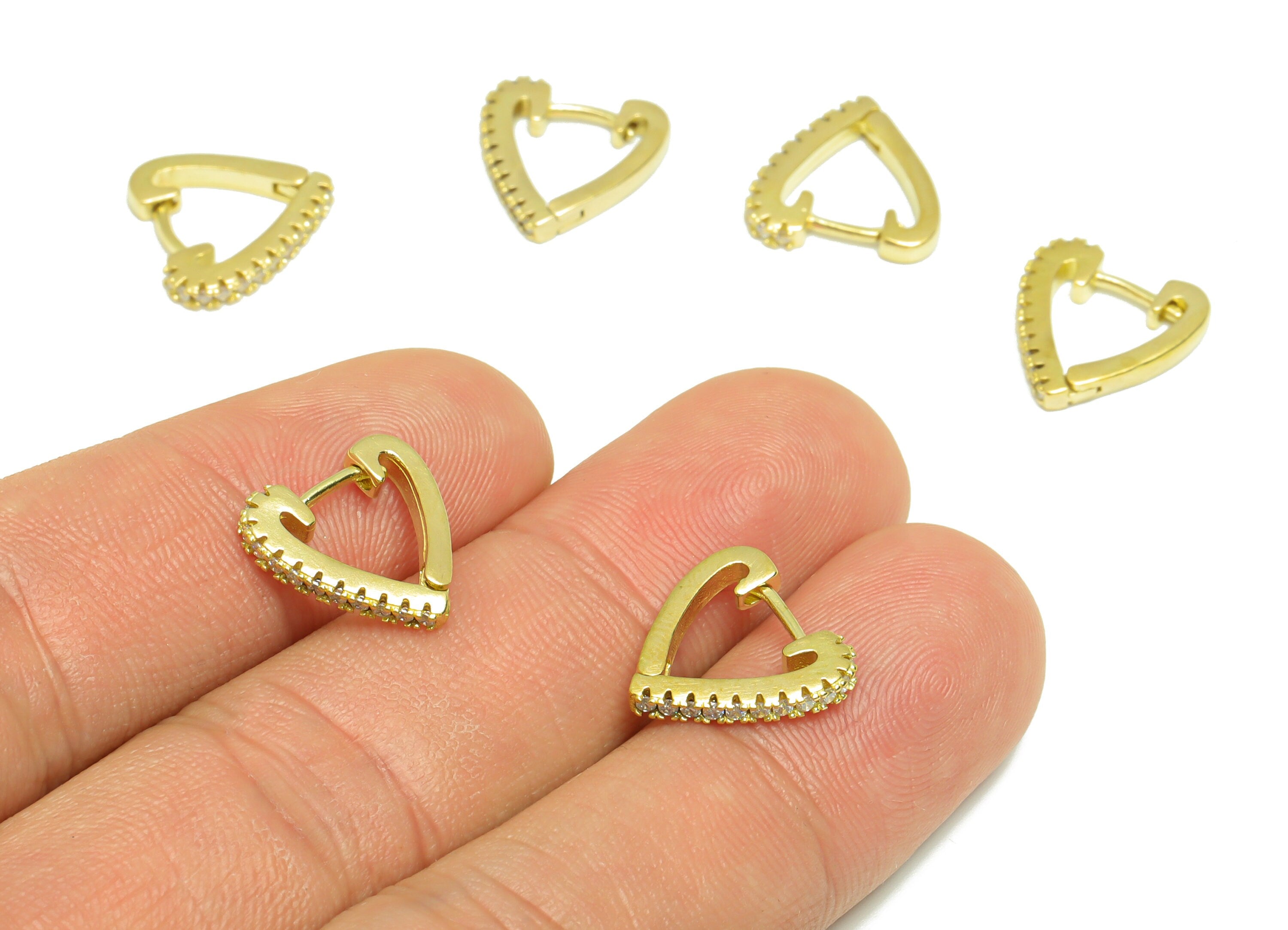 Brass CZ Heart Huggie Hoop - Raw Brass Heart Earring Clasp - Brass Zircon Hoop Clasp Earring - Brass Hoop Earring - 13.58x12.7x2mm - PP9177 - DOMEDBAZAAR