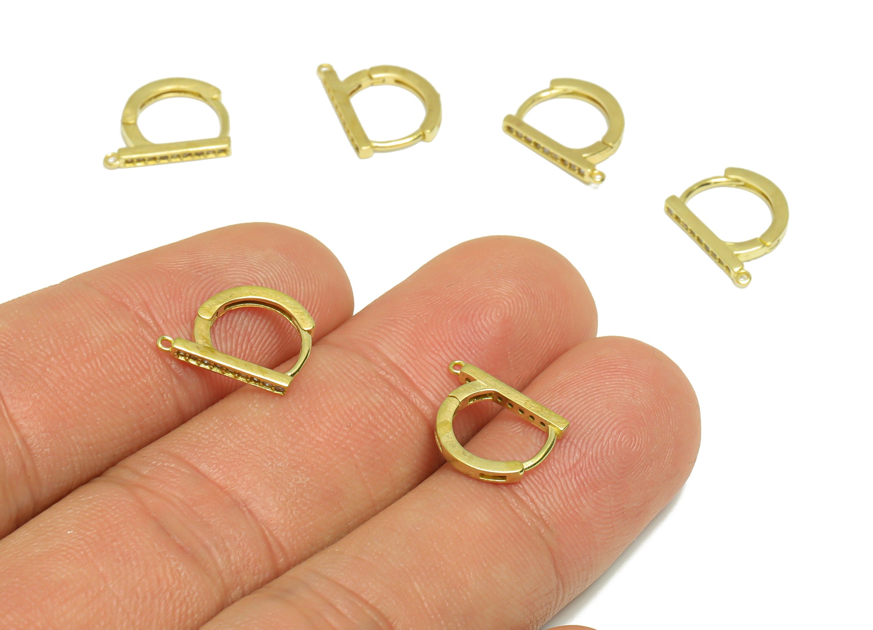 Brass CZ D Huggie Hoop - Raw Brass D Earring Clasp - Brass Zircon Hoop Clasp Earring - Brass Rectangle Bar Hoop Earring - 12x10x1mm - PP9185 - DOMEDBAZAAR