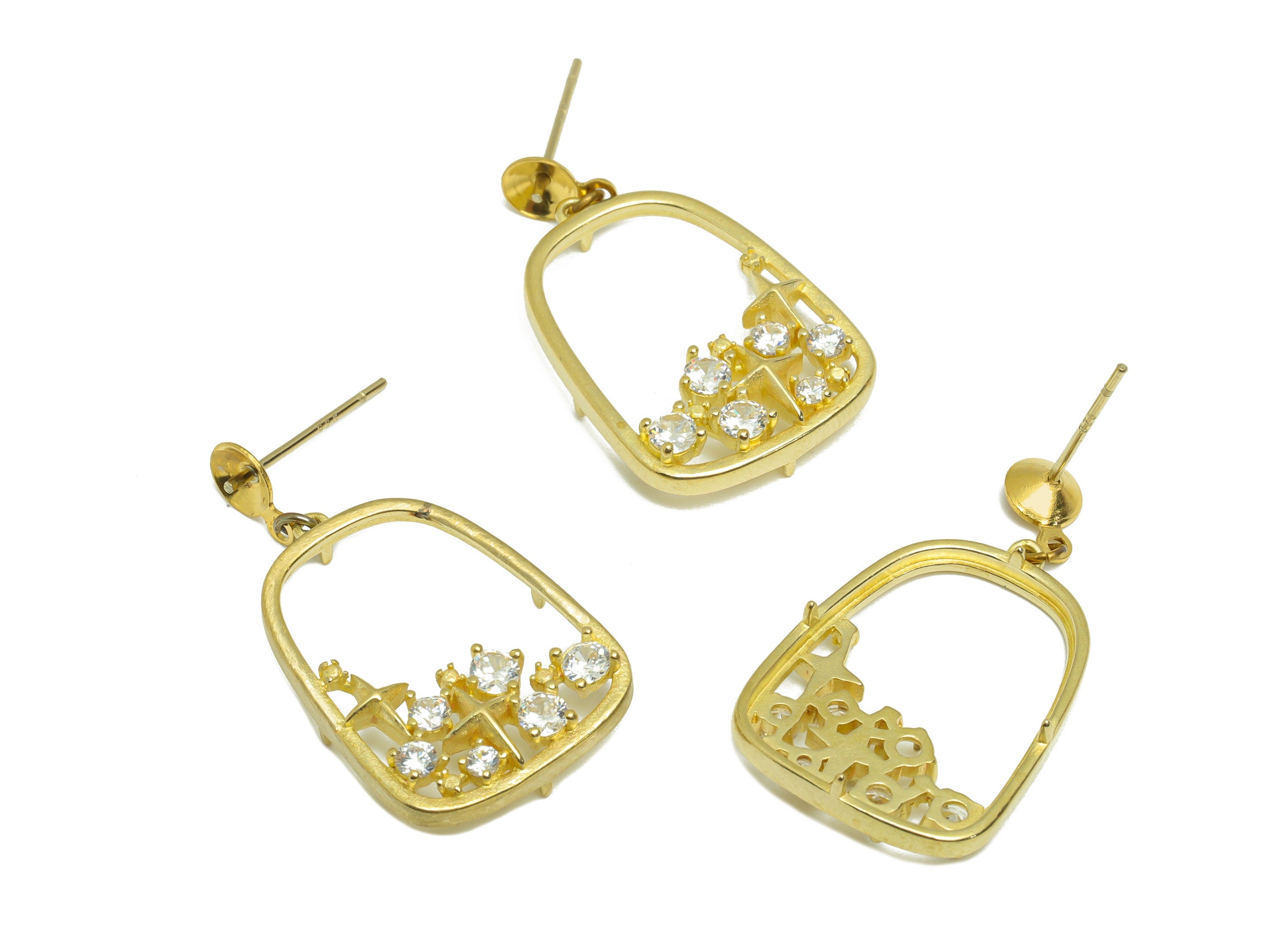 Brass Domed CZ Dangle Earring - Raw Brass Cubic Zircon Star  Post - Star Earring Post For Pearl - Hanging Earring Post - 24x17x1mm - PP9284 - DOMEDBAZAAR