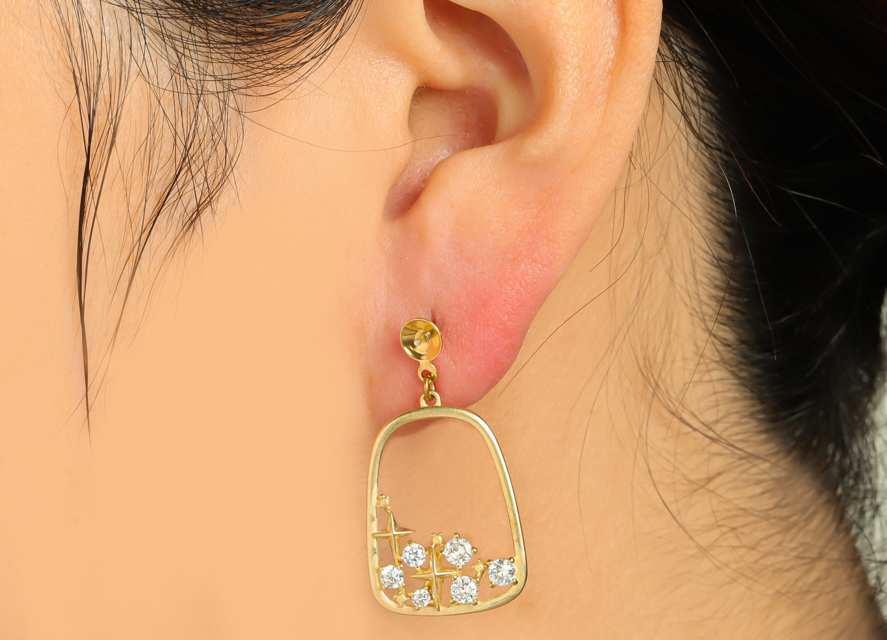 Brass Domed CZ Dangle Earring - Raw Brass Cubic Zircon Star  Post - Star Earring Post For Pearl - Hanging Earring Post - 24x17x1mm - PP9284 - DOMEDBAZAAR