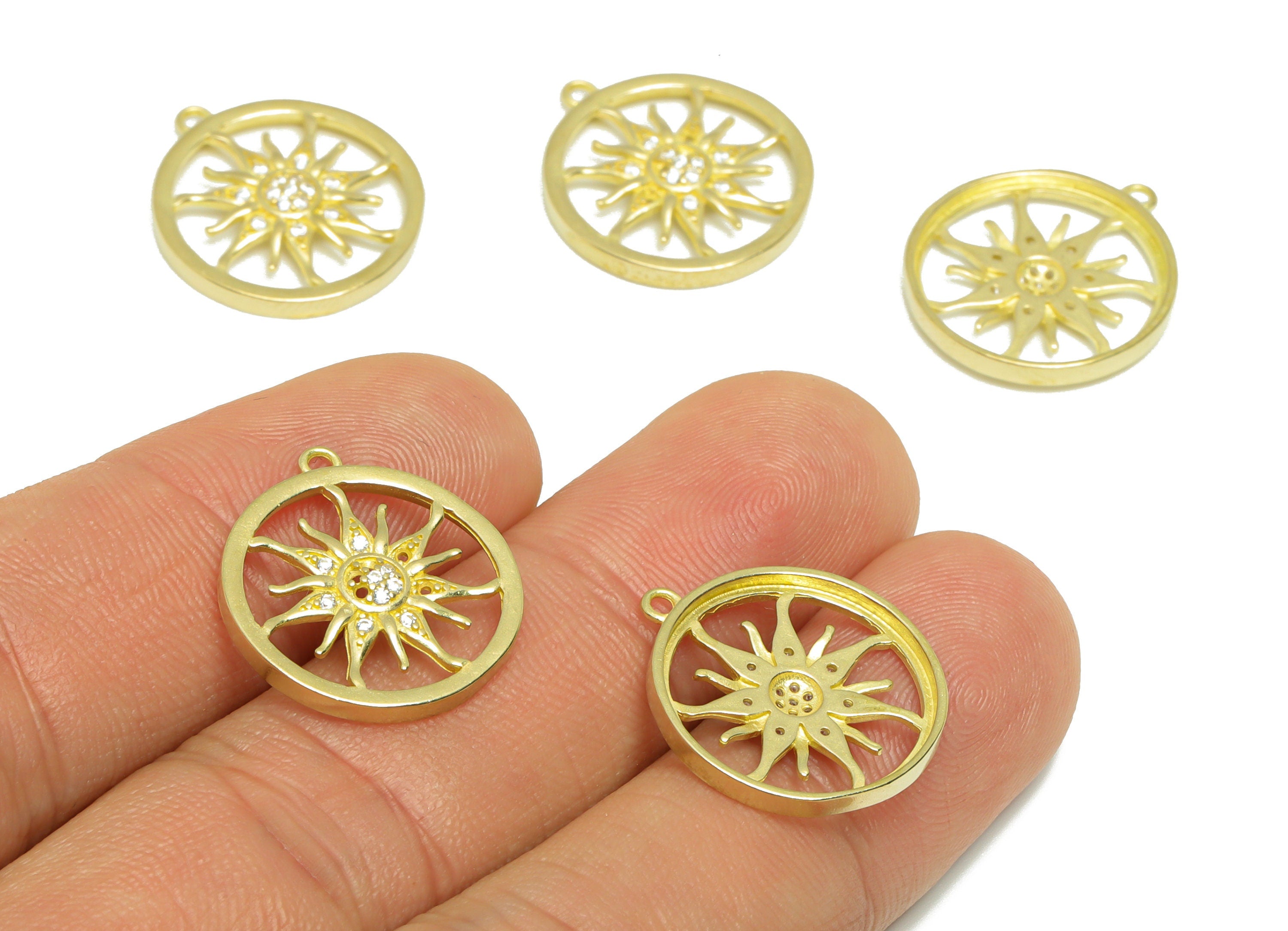 Brass CZ Sun Earring Charm - Raw Brass Sunshine Zircon Earring Charm - Brass Round Zircon Pendant - For Pendant - 19.64x17.8x1.17mm - PP9280 - DOMEDBAZAAR