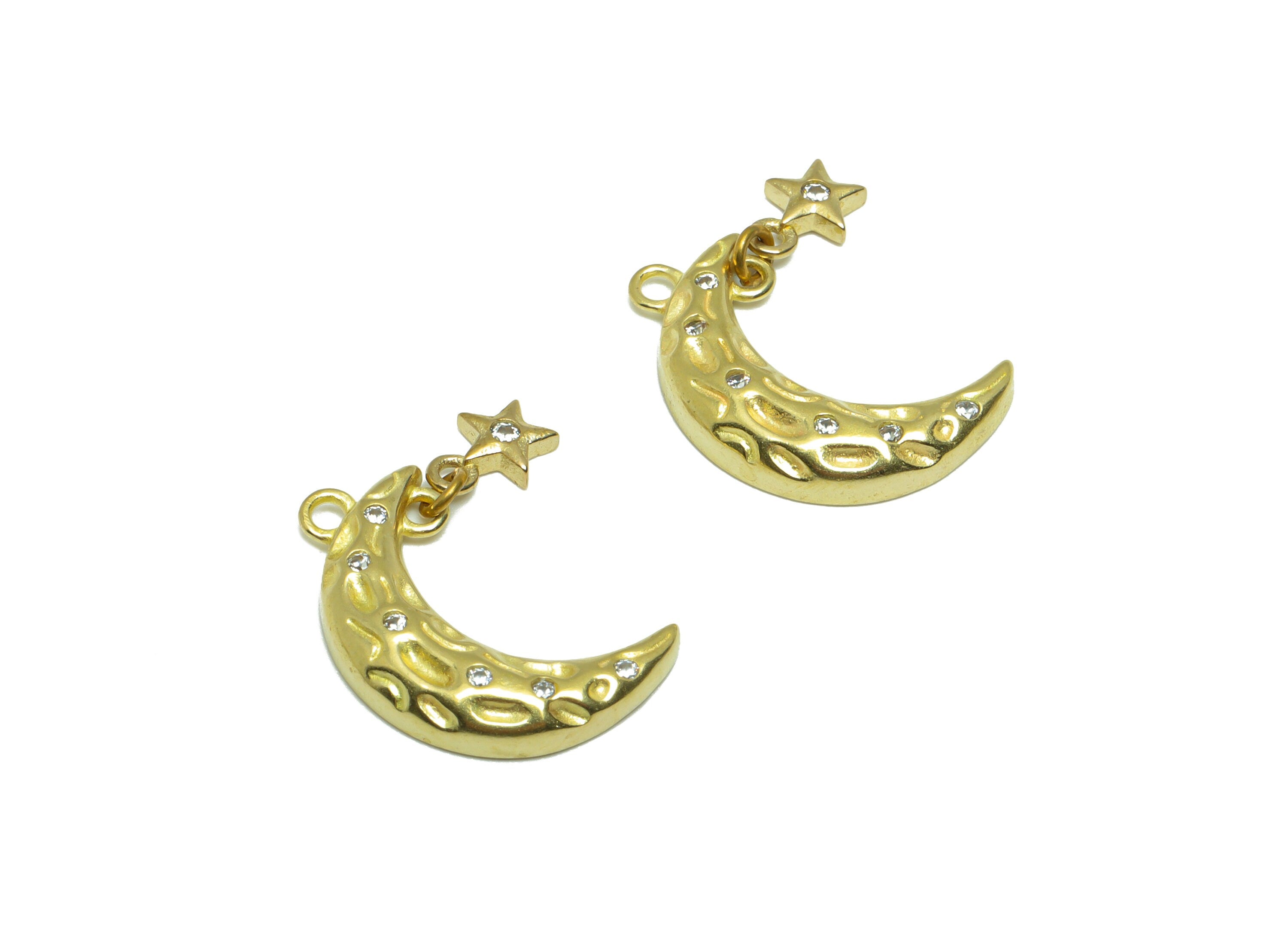 Brass CZ Crescent Earring Charm - Raw Brass Cubic Zircon Star Earring Charm - Brass Zircon Textured Moon Pendant - 19x11.62x2.83mm - PP9307 - DOMEDBAZAAR