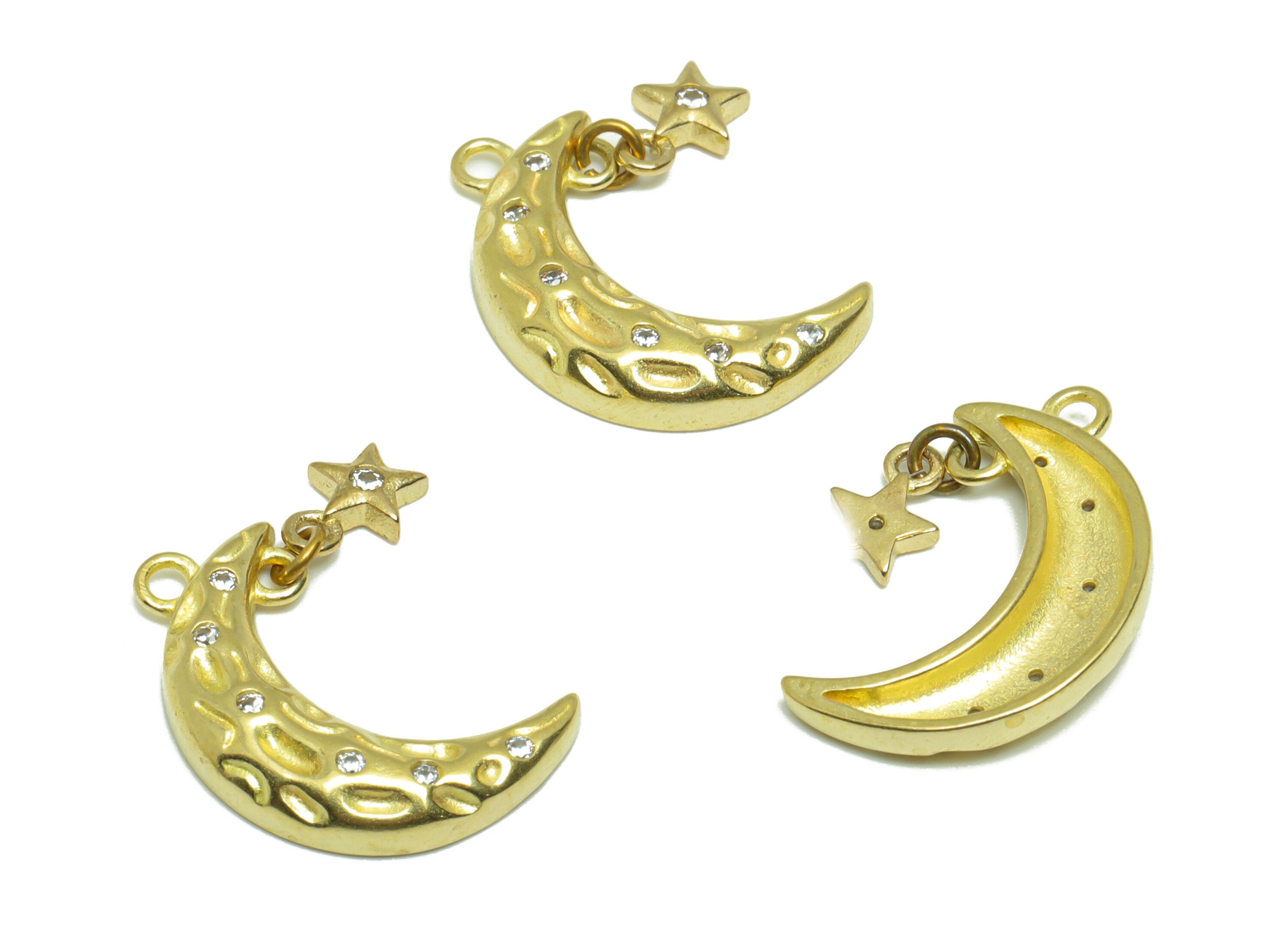 Brass CZ Crescent Earring Charm - Raw Brass Cubic Zircon Star Earring Charm - Brass Zircon Textured Moon Pendant - 19x11.62x2.83mm - PP9307 - DOMEDBAZAAR