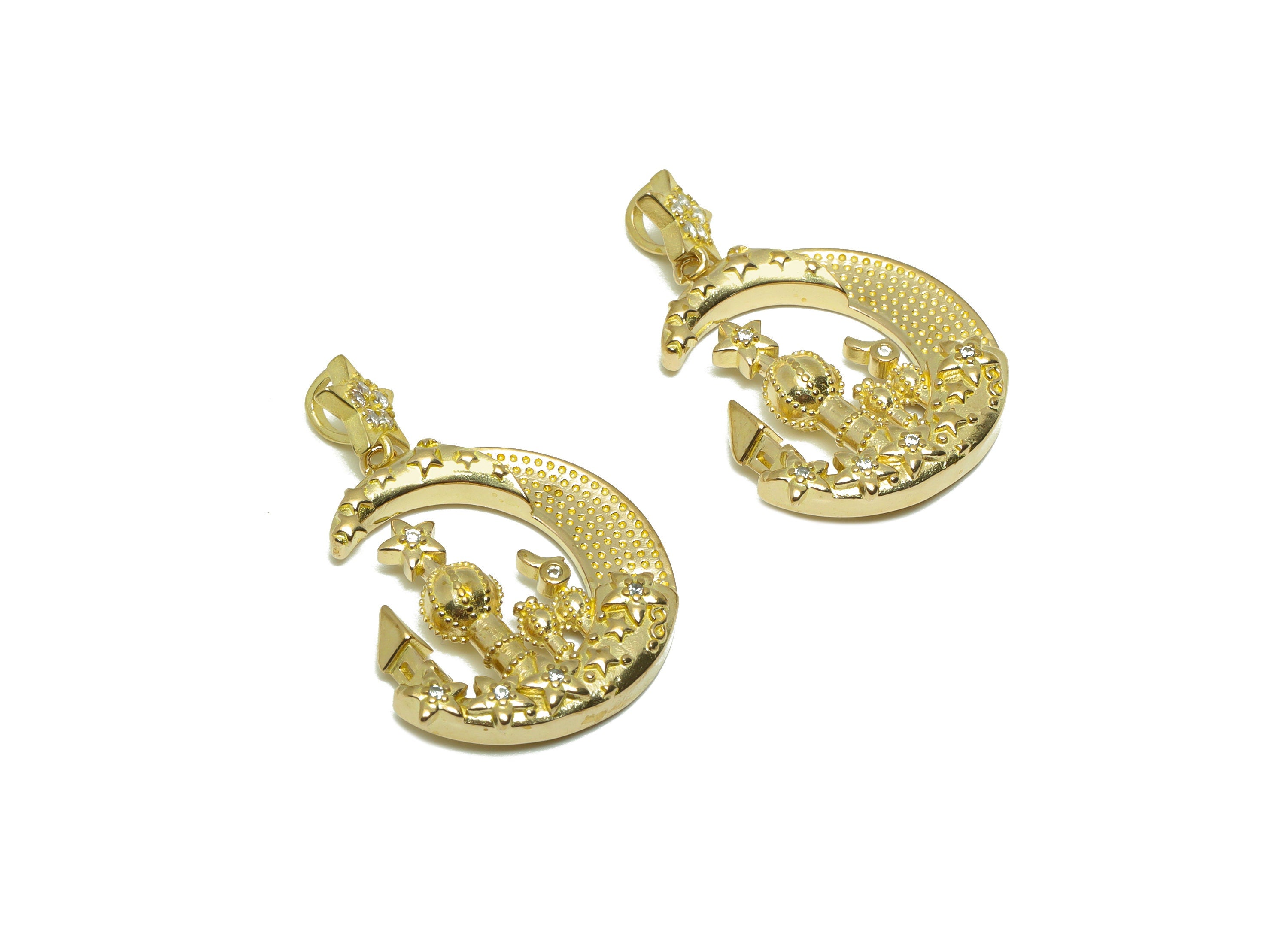 Brass CZ Crescent Pendant - Raw Brass Star Zircon Palace Earring Charm - Brass Zircon Textured Moon Pendant - 21x29.5x3.51mm - PP9306 - DOMEDBAZAAR