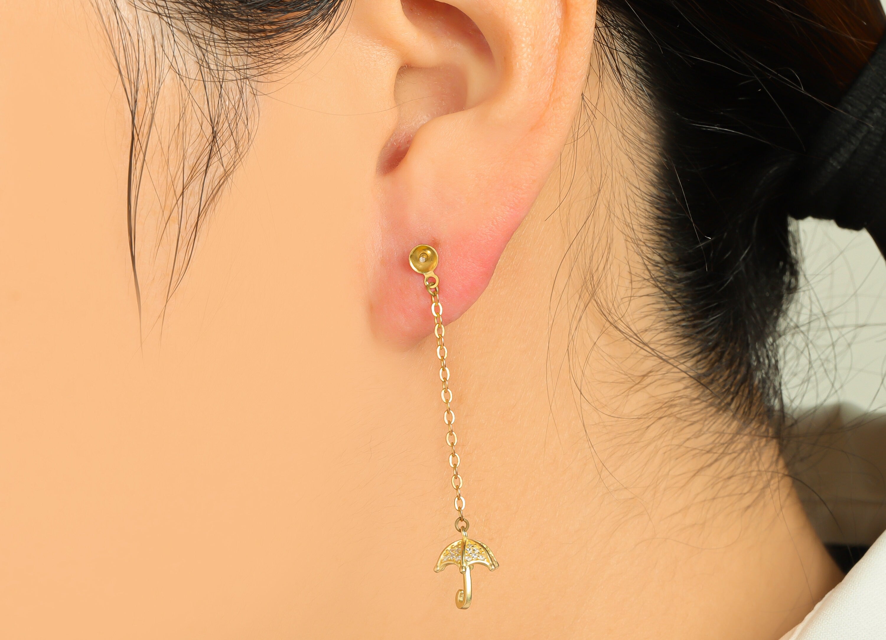 Brass CZ Umbrella Earring Post - Brass Zircon Earring Stud Pearl Setting - Brass Chain Dangle Earring Stud - 42x8.03x8.18mm - PP9604 - DOMEDBAZAAR