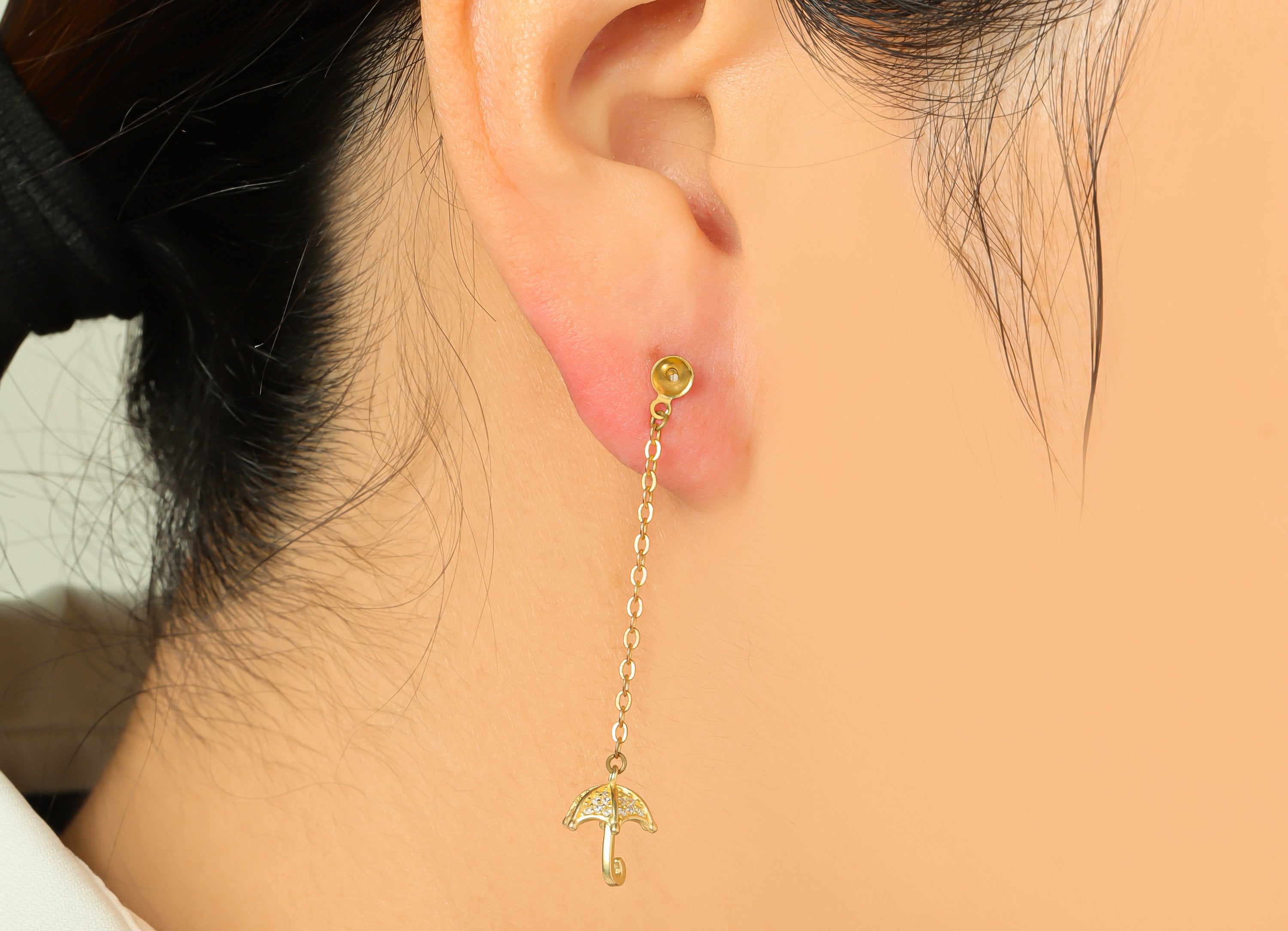 Brass CZ Umbrella Earring Post - Brass Zircon Earring Stud Pearl Setting - Brass Chain Dangle Earring Stud - 42x8.03x8.18mm - PP9604 - DOMEDBAZAAR