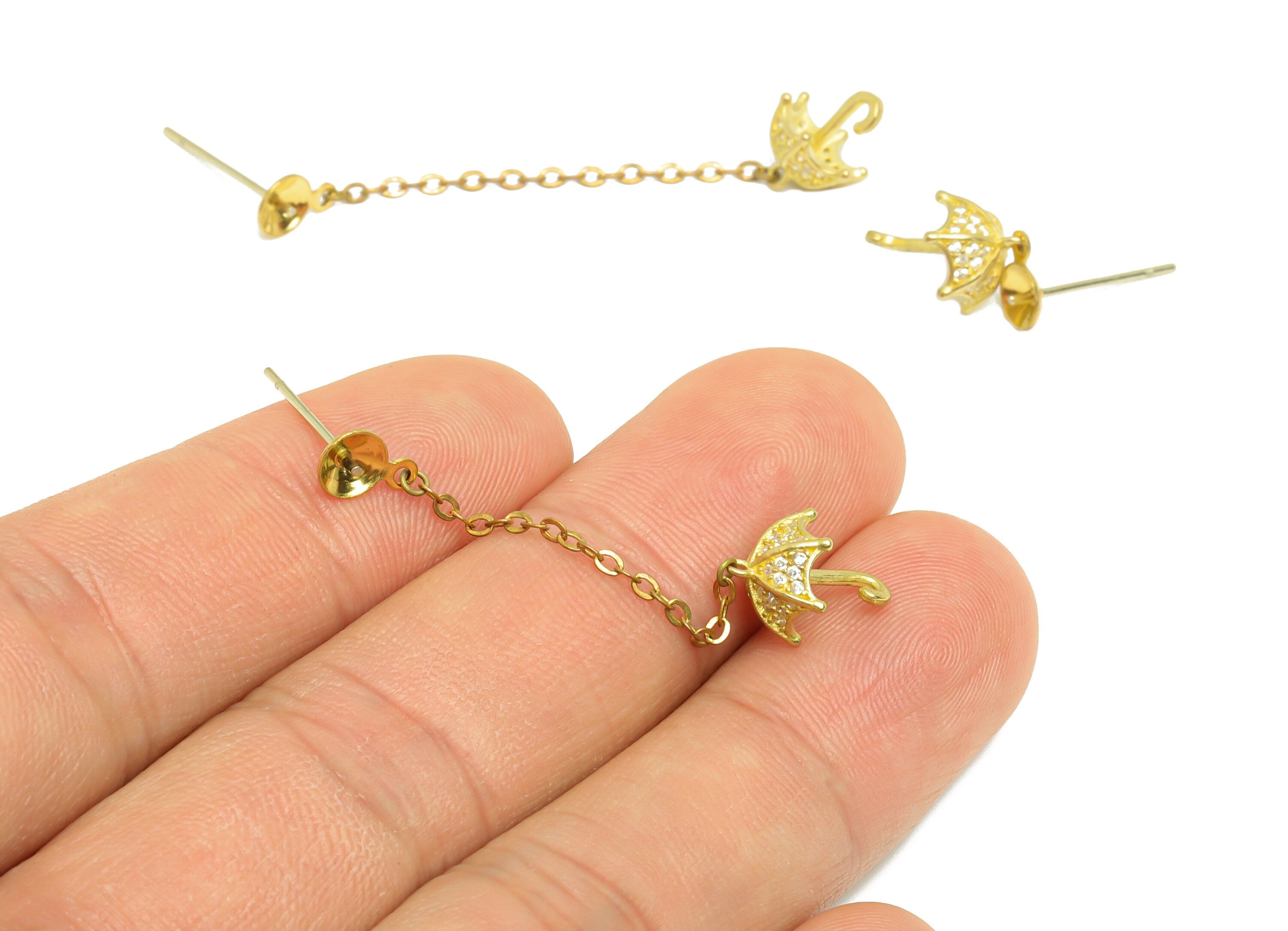 Brass CZ Umbrella Earring Post - Brass Zircon Earring Stud Pearl Setting - Brass Chain Dangle Earring Stud - 42x8.03x8.18mm - PP9604 - DOMEDBAZAAR